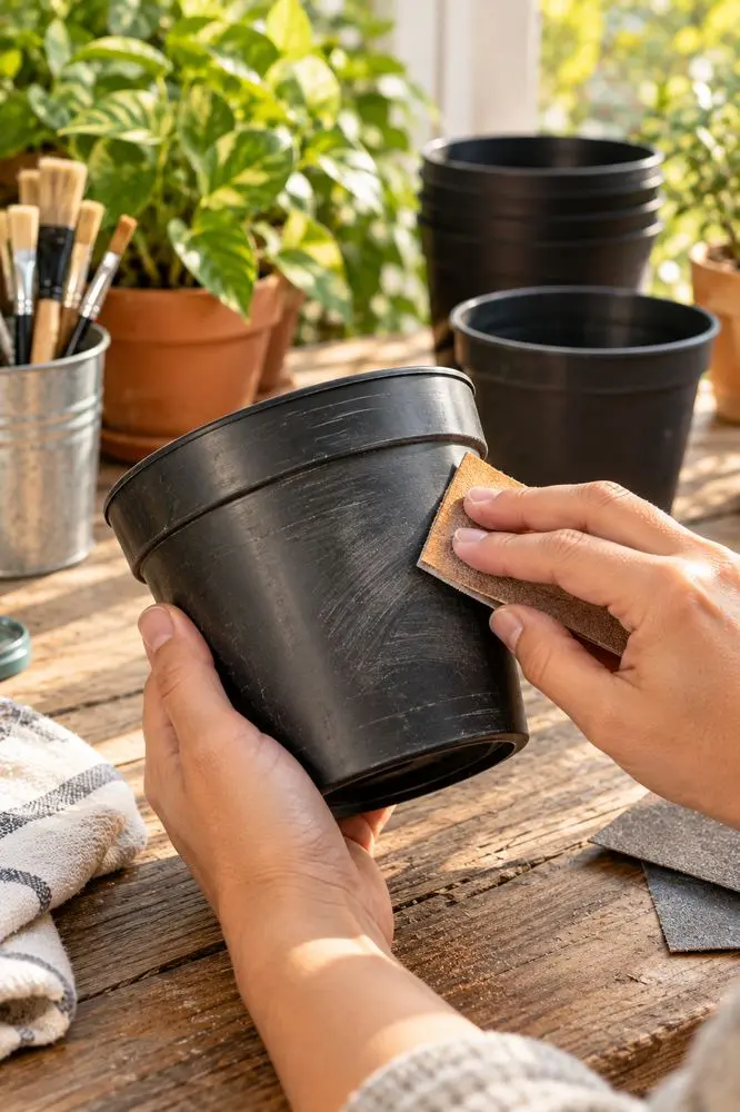 Plant Pot Painting Ideas That Actually Last 2 Sanding and priming a plastic plant pot before painting