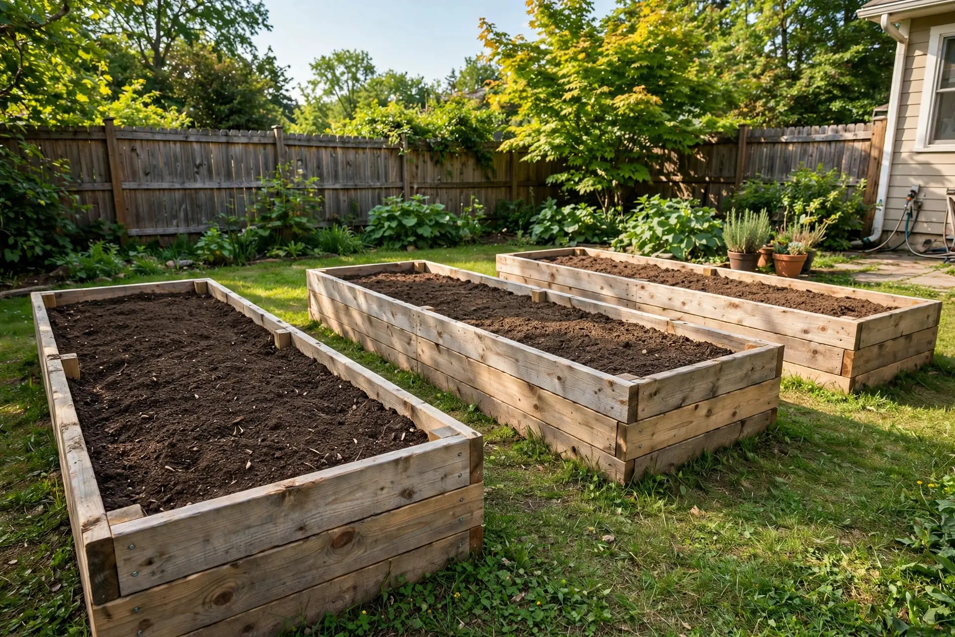 Raised Garden Bed Sizes: The Widths, Depths and Spacing That Work 2 Long raised garden bed sizes built from standard eight-foot lumber planks in a sunny backyard