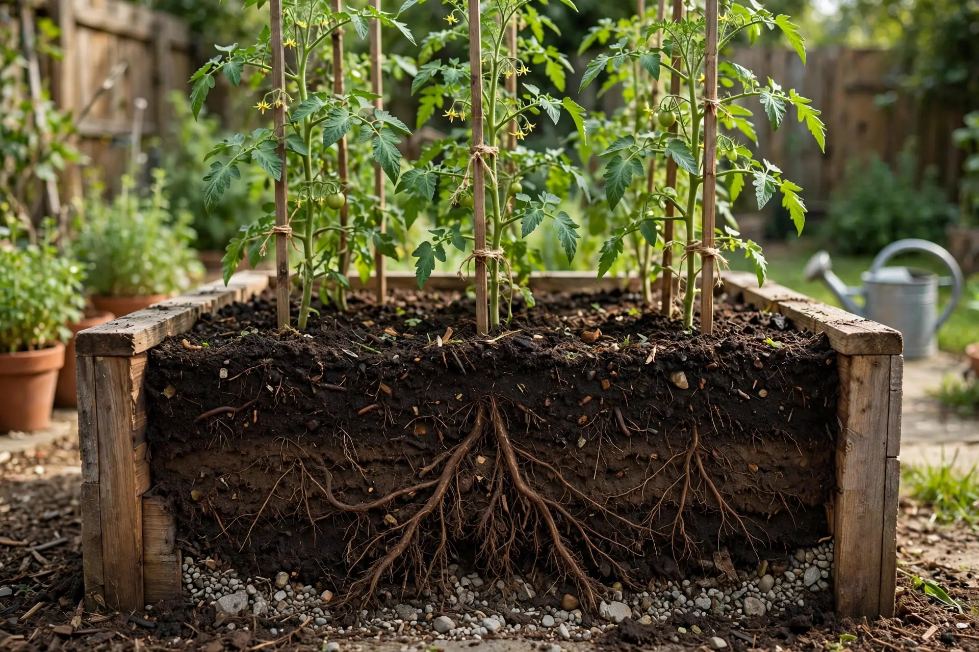 Raised Garden Bed Sizes: The Widths, Depths and Spacing That Work 3 Deep raised garden bed size filled with rich soil and tall staked tomato plants