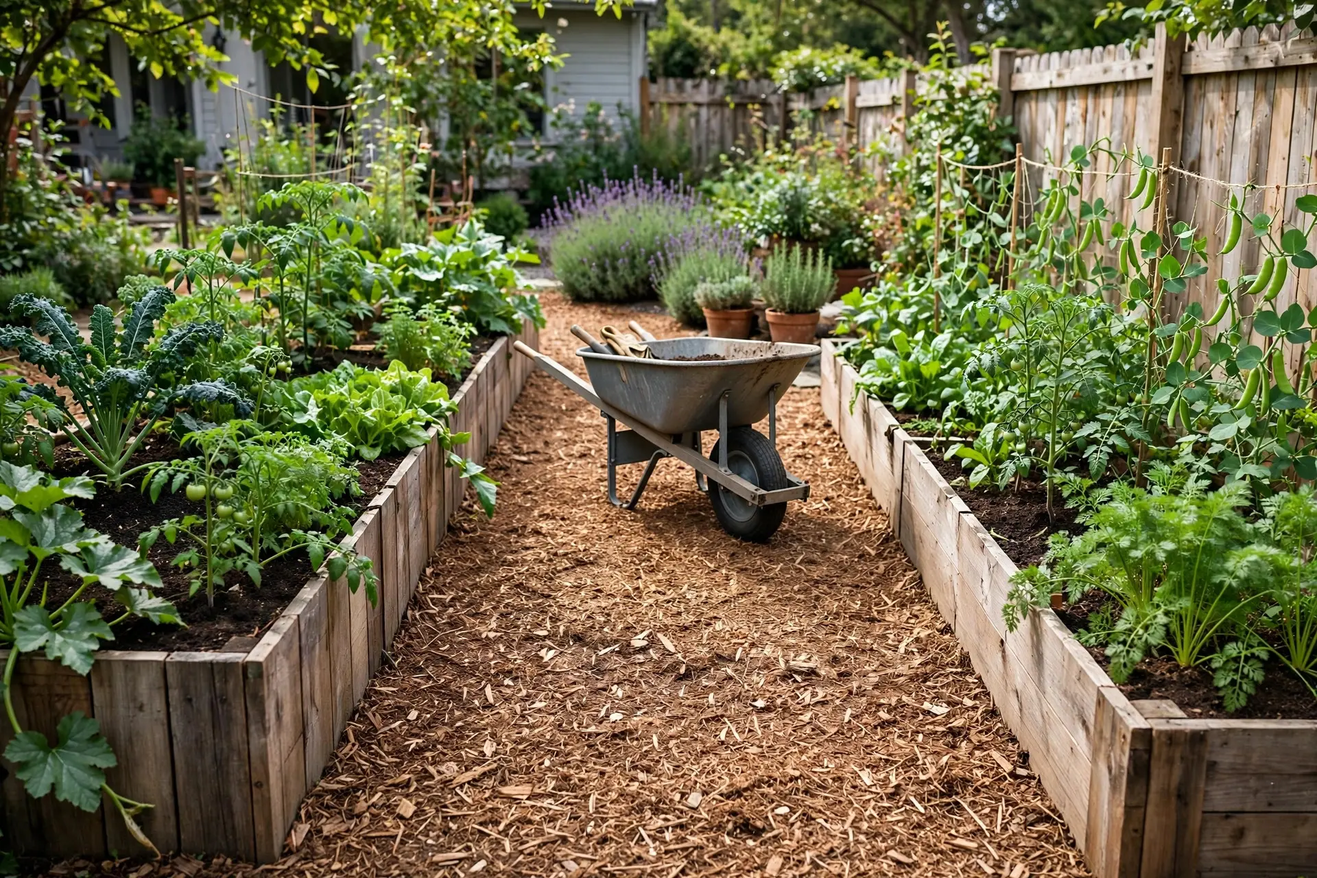 Raised Garden Bed Sizes: The Widths, Depths and Spacing That Work 5 Wide mulched paths between raised garden bed sizes with room for a wheelbarrow to pass