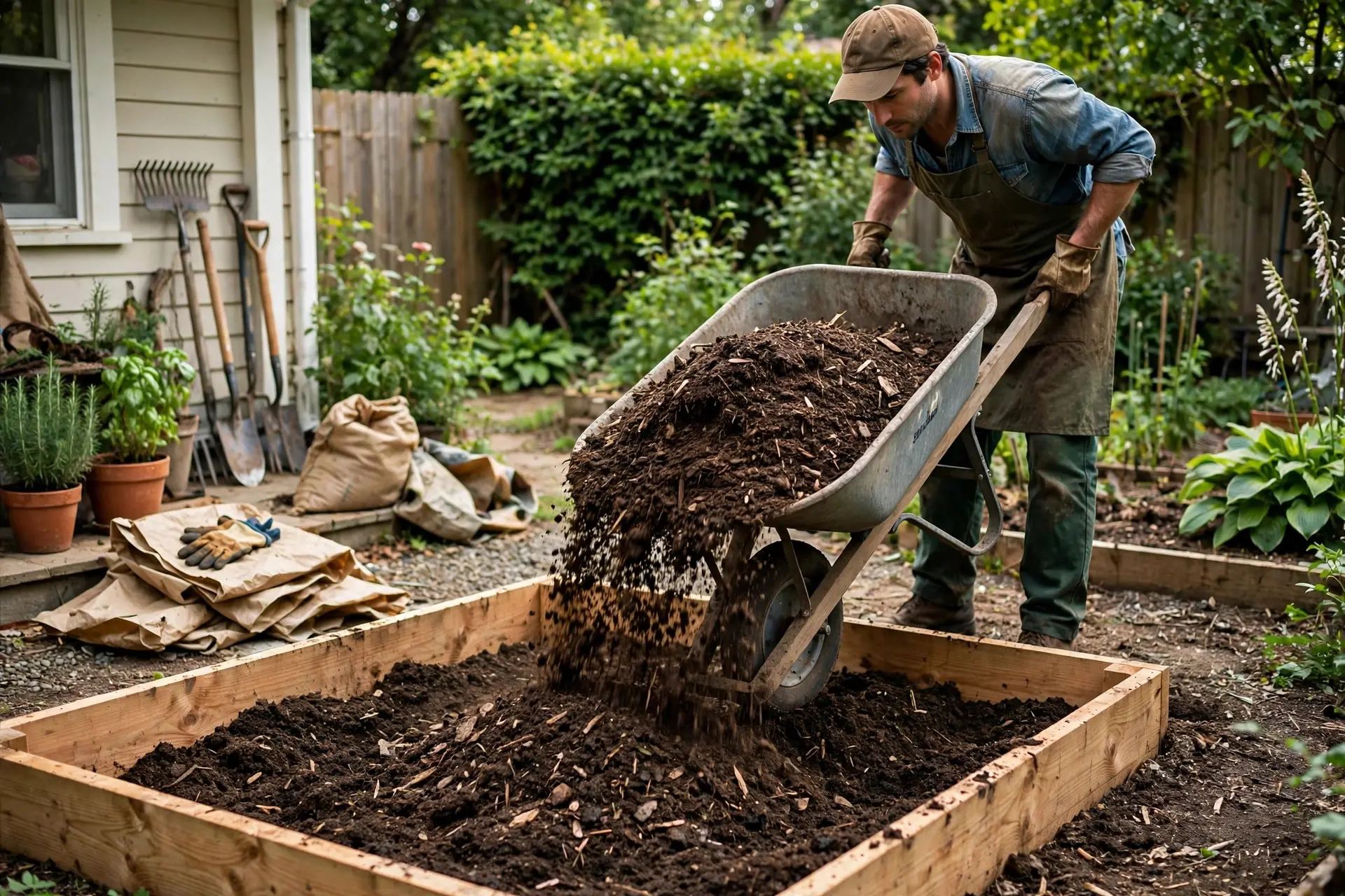 Raised Garden Bed Sizes: The Widths, Depths and Spacing That Work 6 Gardener filling a wooden raised garden bed with compost and bagged soil mix from a wheelbarrow
