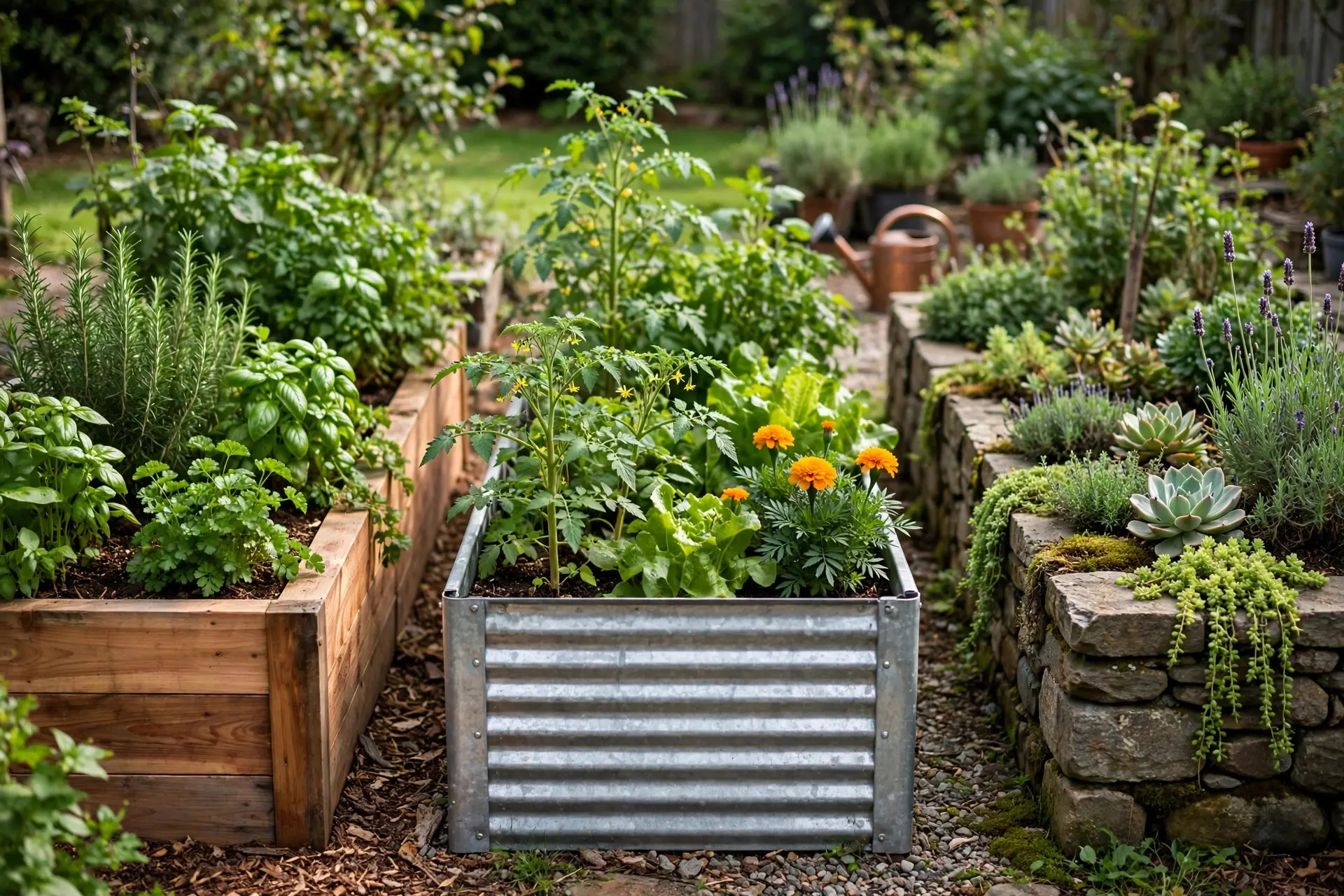 Raised Garden Bed Sizes: The Widths, Depths and Spacing That Work 7 Comparison of raised garden bed sizes and materials: cedar wood, galvanized metal and stone beds side by side