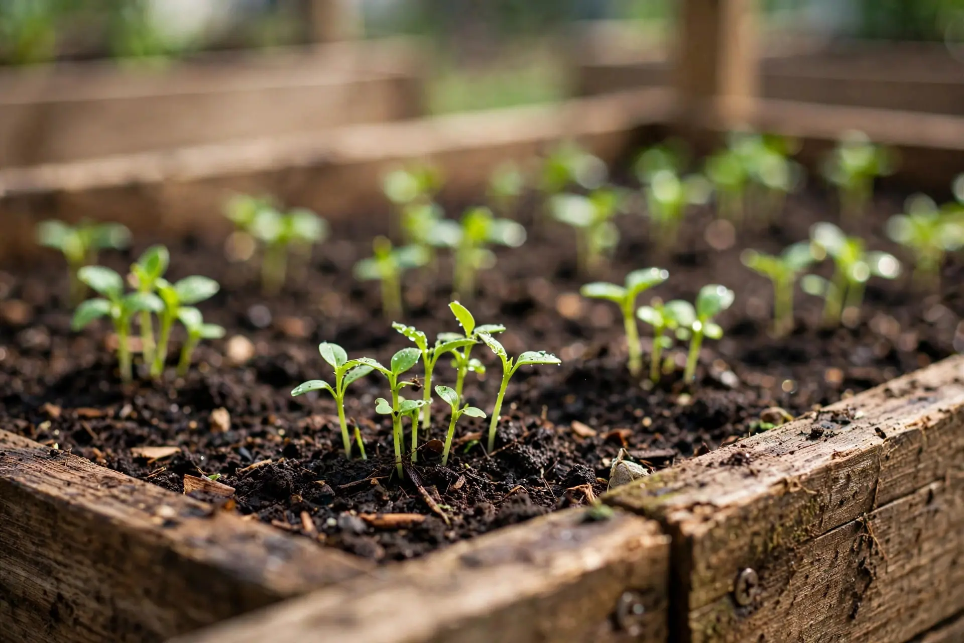 Raised Garden Bed Sizes: The Widths, Depths and Spacing That Work 8 Close-up of young seedlings sprouting in rows of dark soil inside a raised garden bed