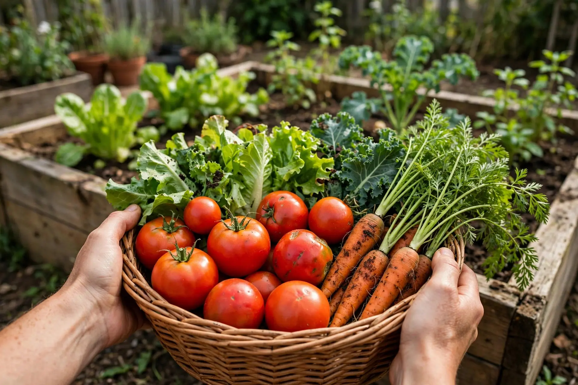 Raised Garden Bed Sizes: The Widths, Depths and Spacing That Work 9 Basket of freshly harvested vegetables picked from a raised garden bed