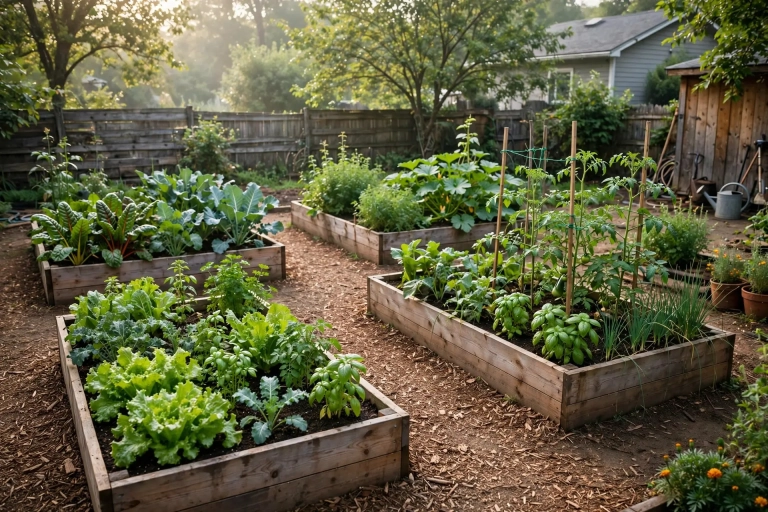 Backyard vegetable garden with wooden raised garden bed sizes: several standard beds full of thriving plants