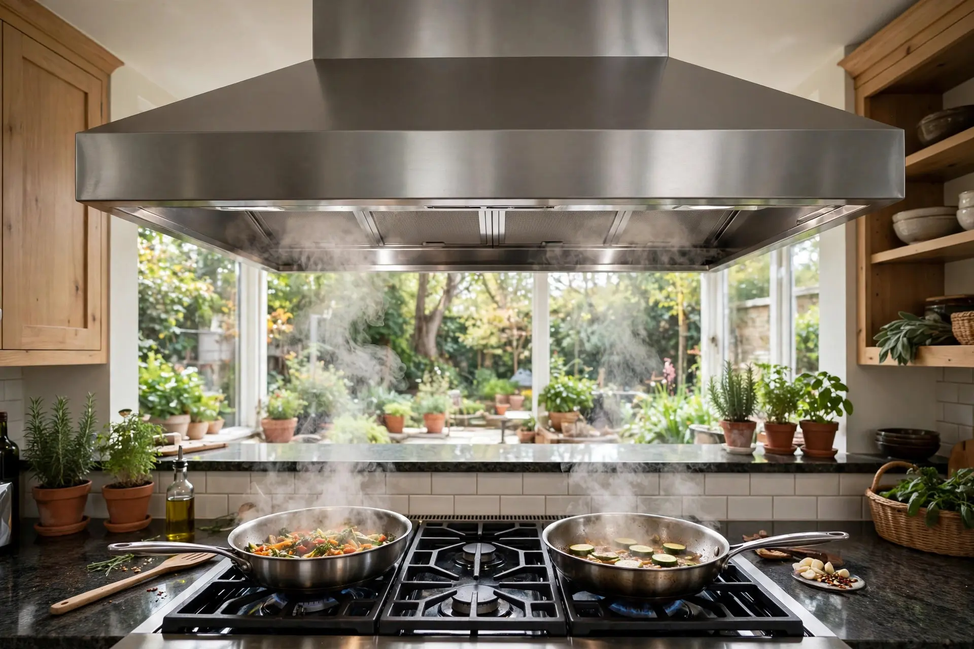 Range Hood Size and Height: How to Pick One That Vents 1 Range hood extending past the cooktop edges capturing steam from pans, the right range hood size for a cooktop