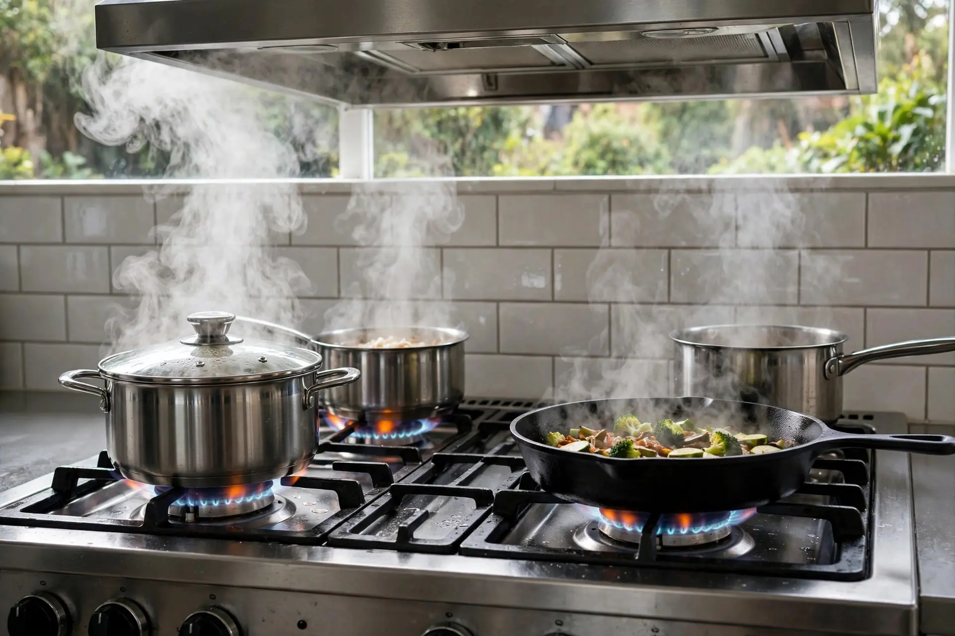 Range Hood Size and Height: How to Pick One That Vents 3 Gas cooktop with all burners lit and steam rising, used to size range hood airflow to the cooktop