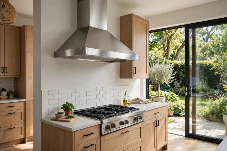 Modern kitchen with a stainless steel range hood wider than the cooktop, showing proper range hood size