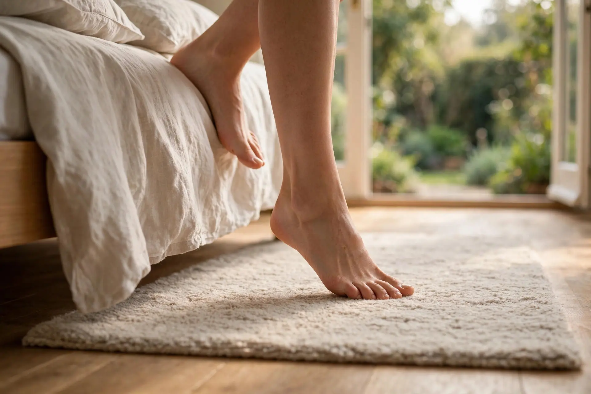 Rug Size for Queen Bed: The Placement Rules That Make a Room Look Finished 1 Feet stepping from a queen bed onto a soft area rug: the right rug size for queen bed comfort