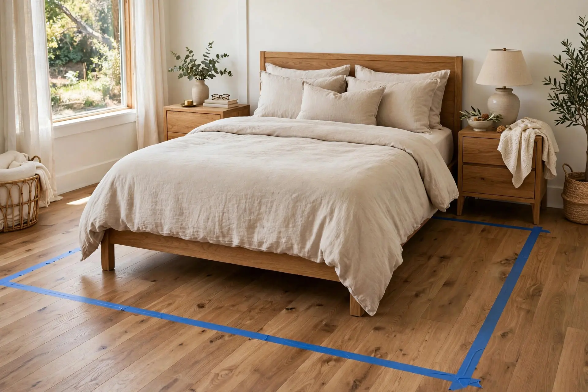 Rug Size for Queen Bed: The Placement Rules That Make a Room Look Finished 4 Painter's tape outline on the floor for planning the rug size for queen bed before buying