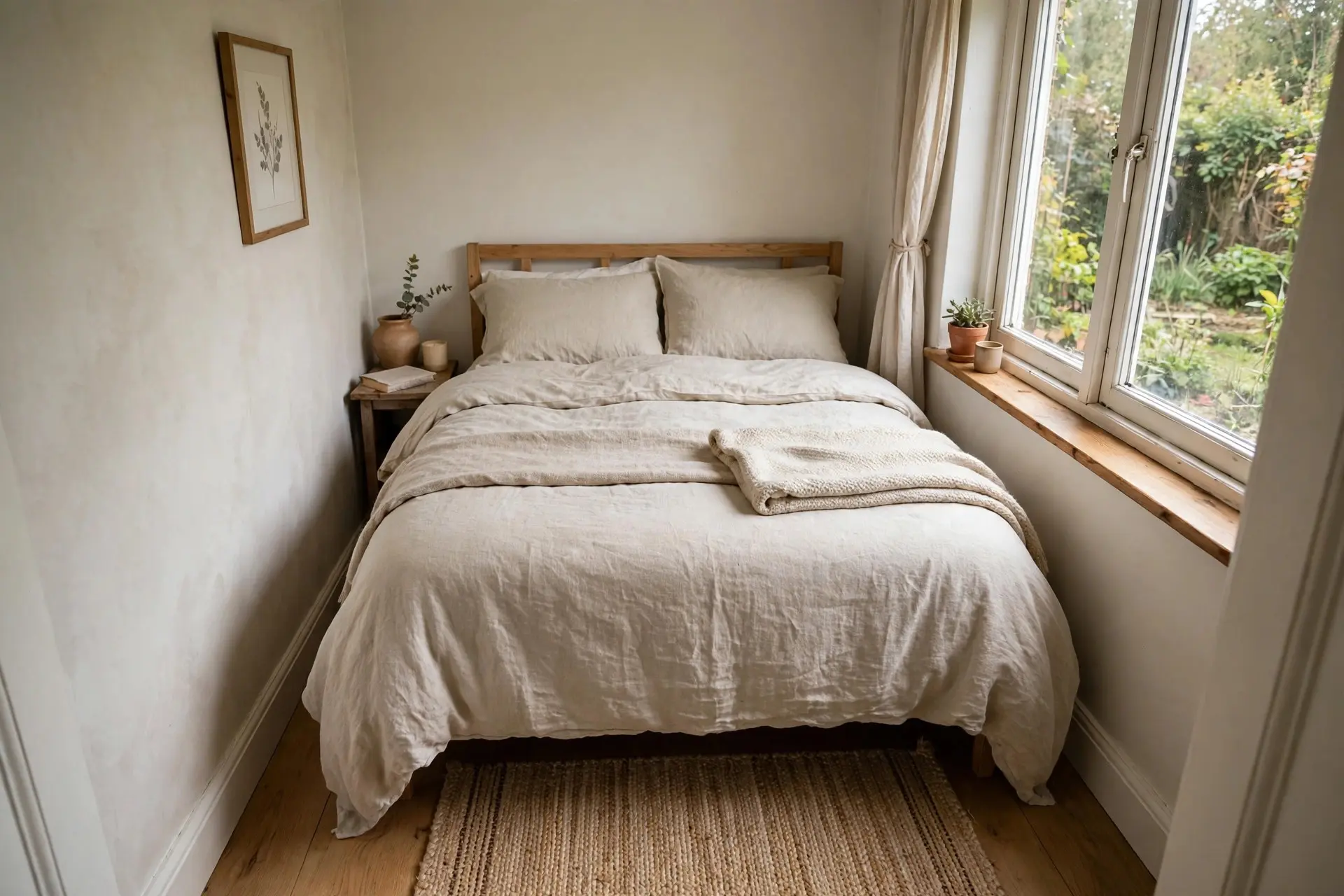 Rug Size for Queen Bed: The Placement Rules That Make a Room Look Finished 5 Small queen bedroom with a compact rug size for queen bed placed just at the foot