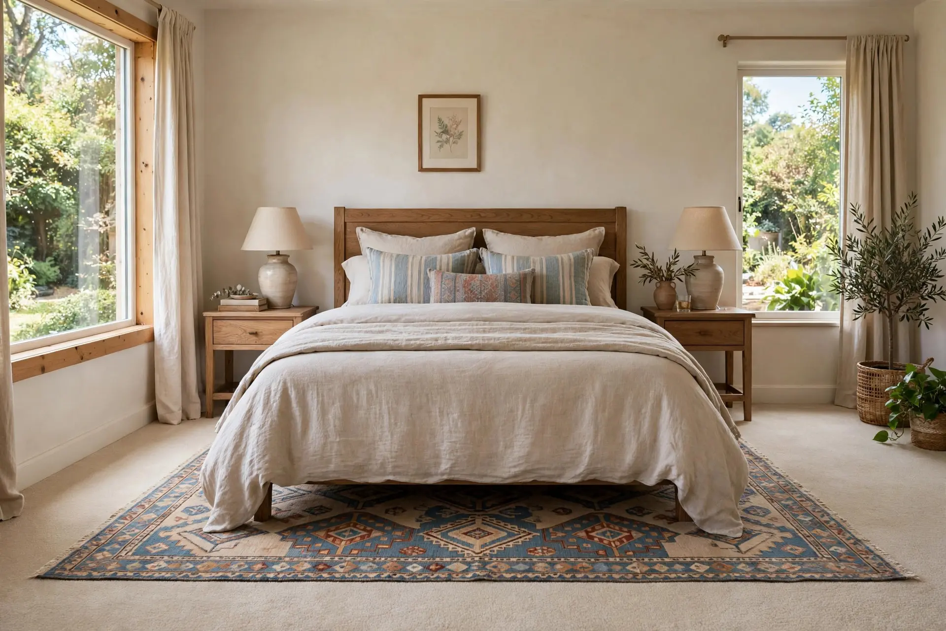 Rug Size for Queen Bed: The Placement Rules That Make a Room Look Finished 6 Patterned area rug layered over carpet under a queen bed: rug size for queen bed layering look