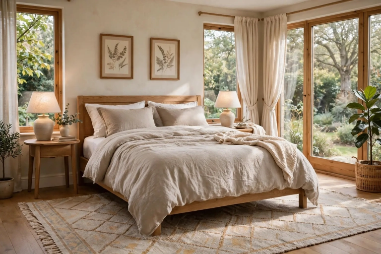 Cozy queen bedroom with the ideal rug size for queen bed: large area rug with two feet visible on both sides