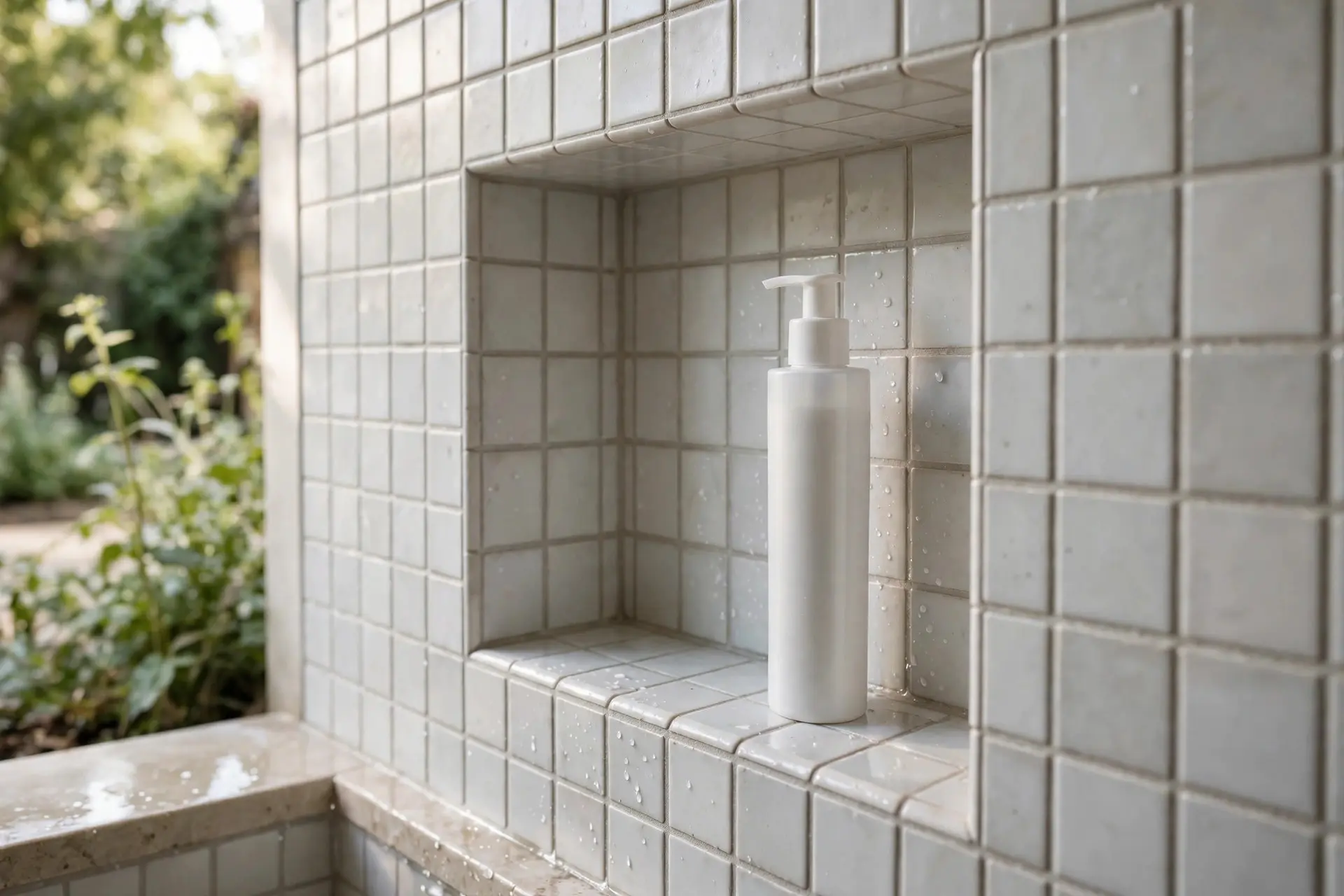 Shower Niche Size and Placement That Actually Works 3 Angled close-up into a shallow tiled shower niche showing its depth with a tall shampoo bottle standing inside