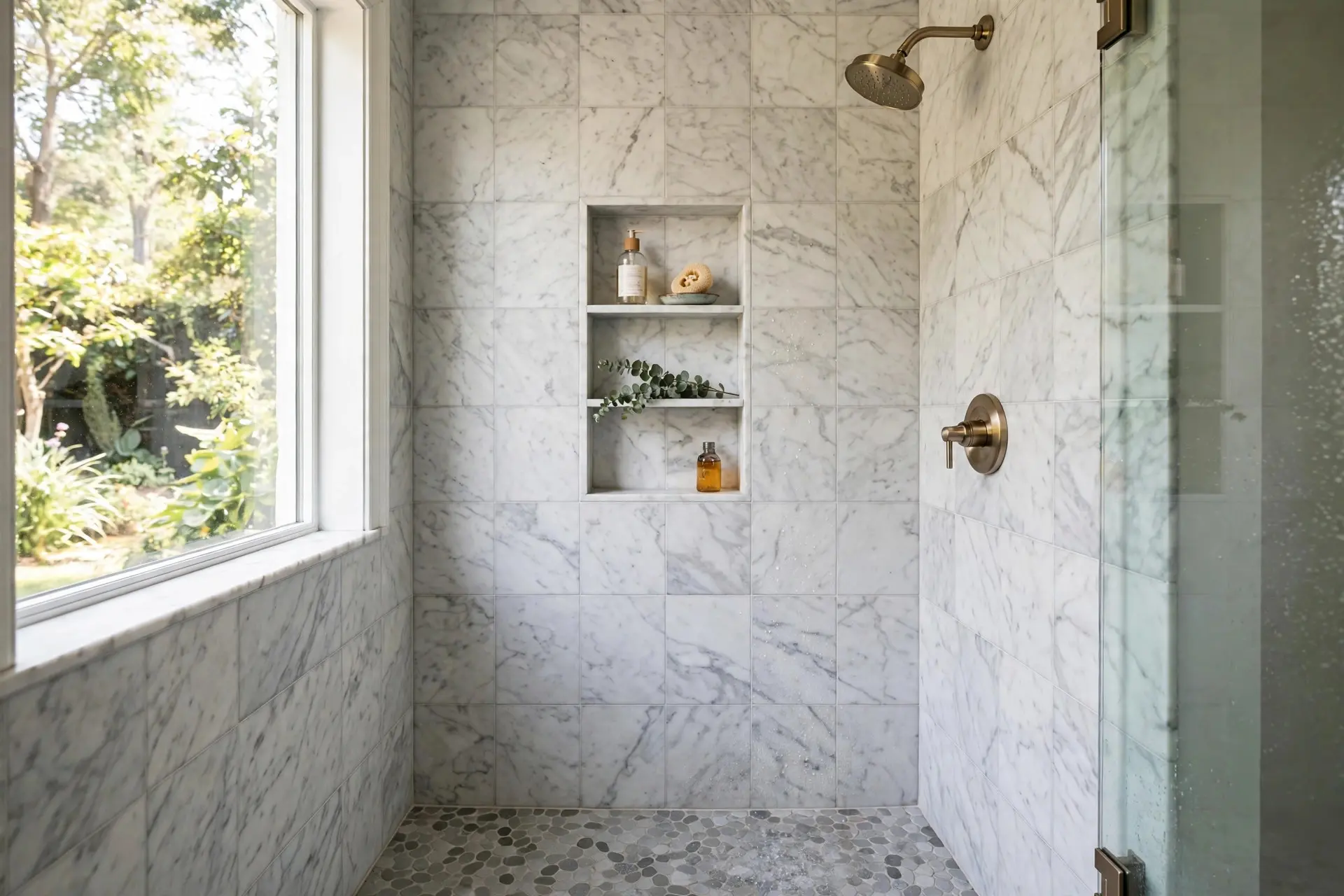 Shower Niche Size and Placement That Actually Works 4 Tiled shower with a shower niche placed at comfortable chest height in a marble-tiled shower