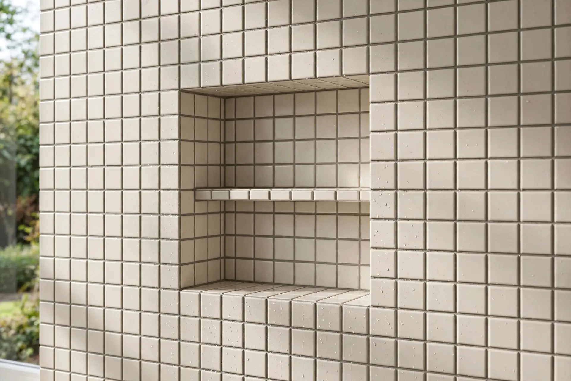 Shower Niche Size and Placement That Actually Works 6 Close-up of a tiled shower niche with edges aligned to the surrounding tile grout lines