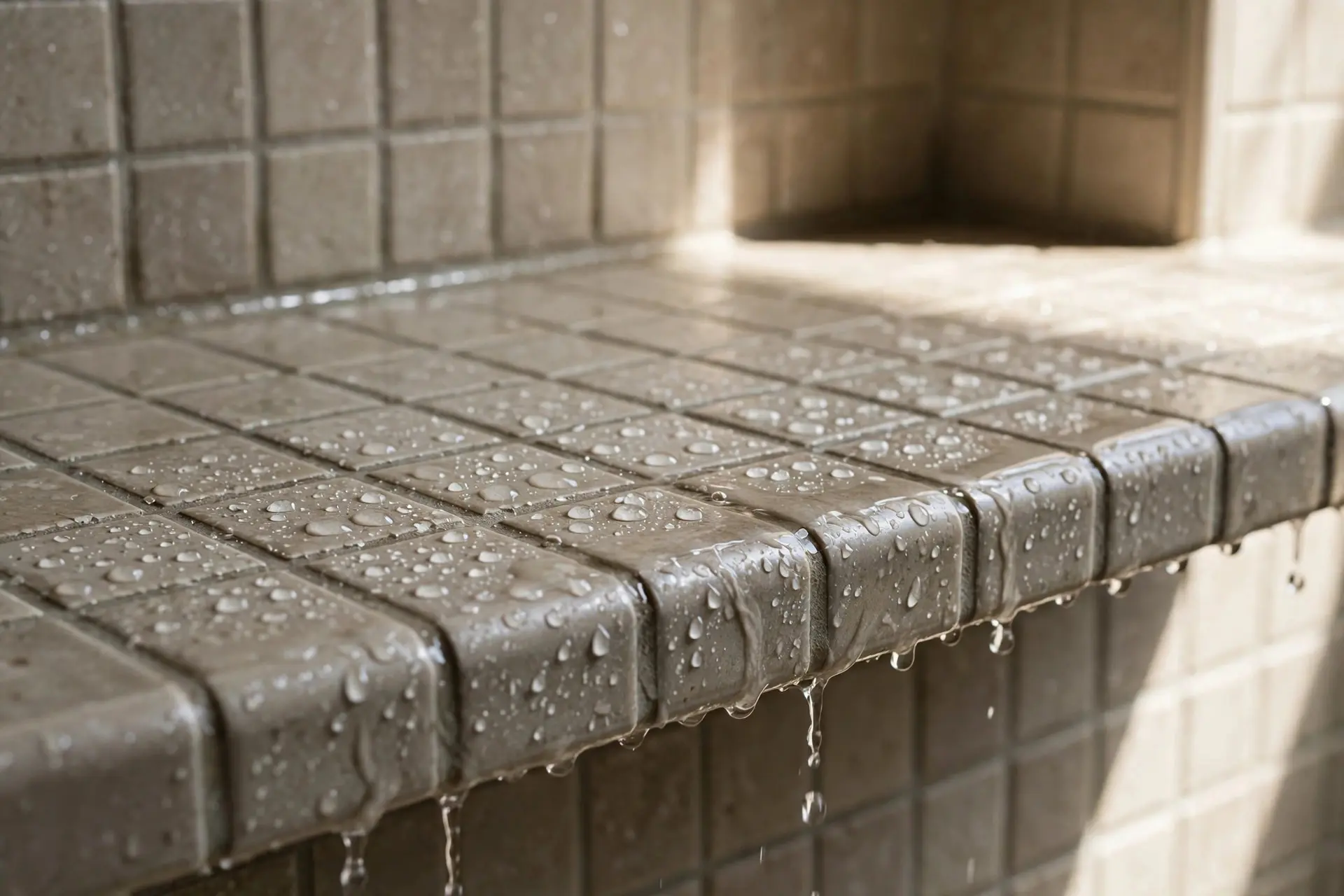 Shower Niche Size and Placement That Actually Works 7 Close-up of a tiled shower niche shelf with water droplets draining toward the front edge