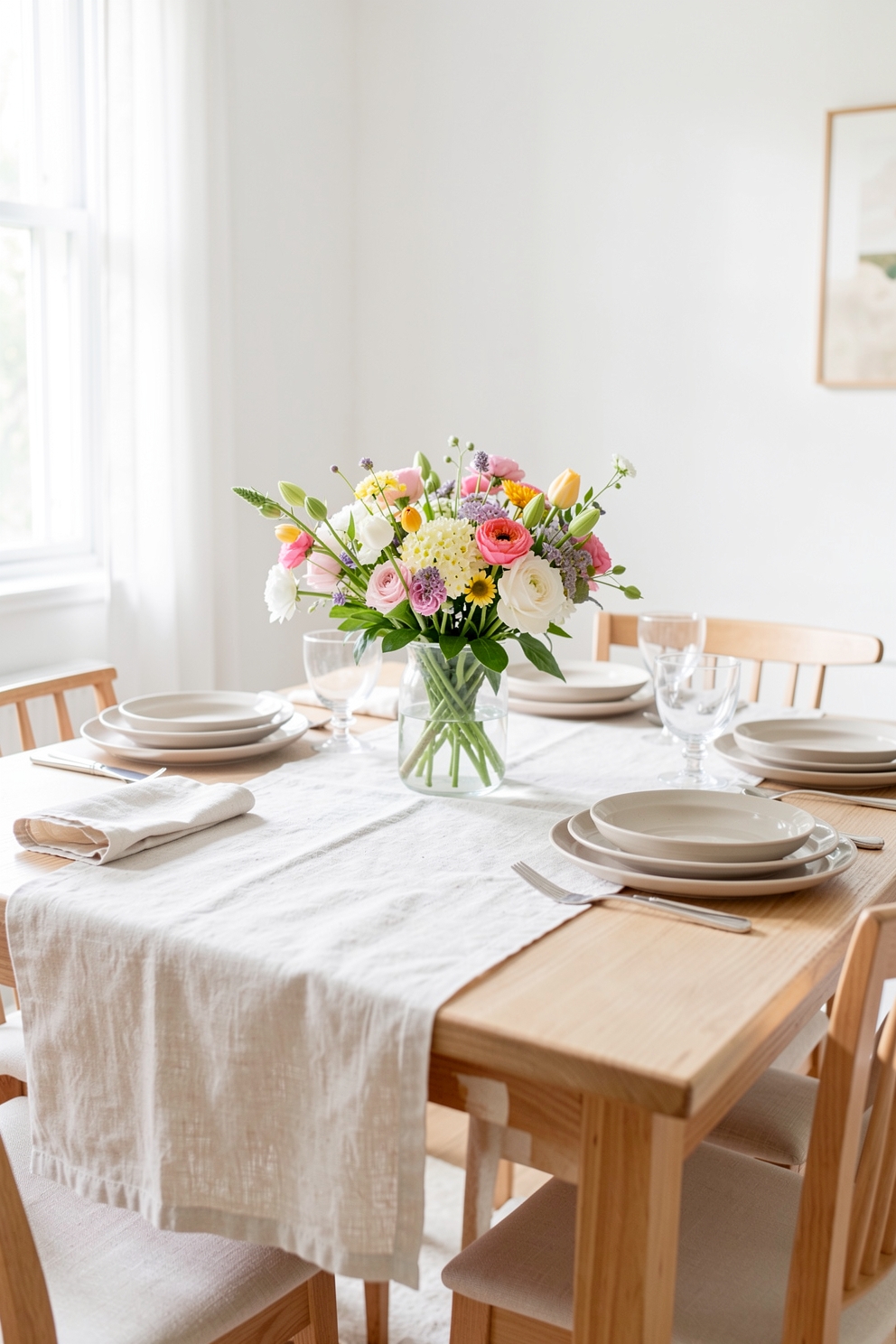 Dining table set with a light linen runner and fresh flowers for spring