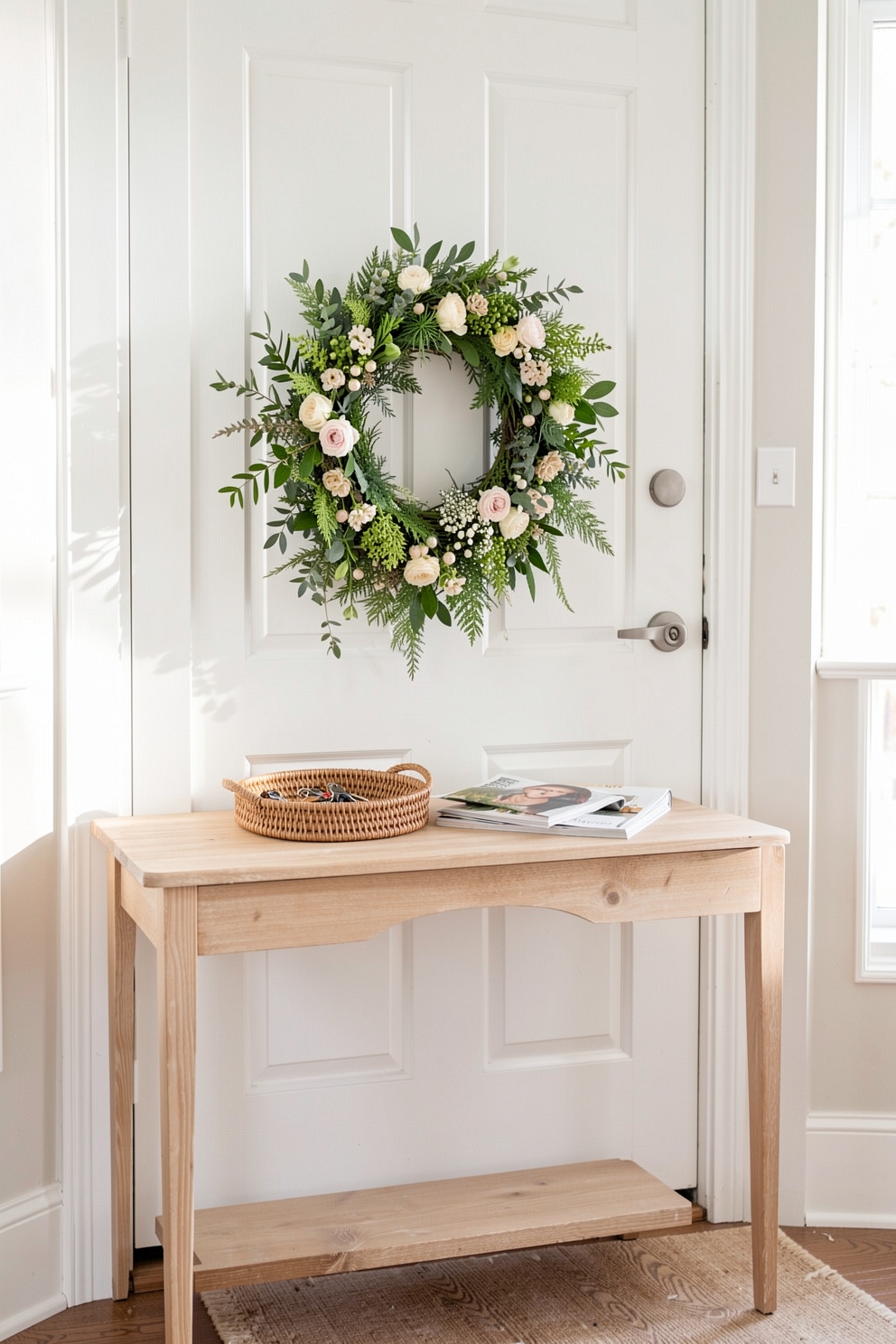 Entryway styled with a seasonal wreath and light wood console table for spring