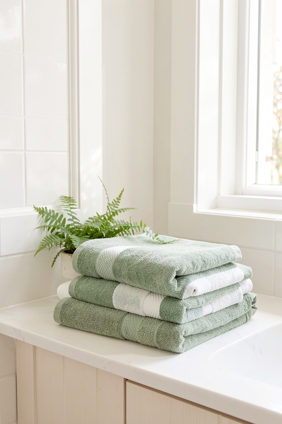 Bathroom styled with sage green towels and a small potted fern for summer
