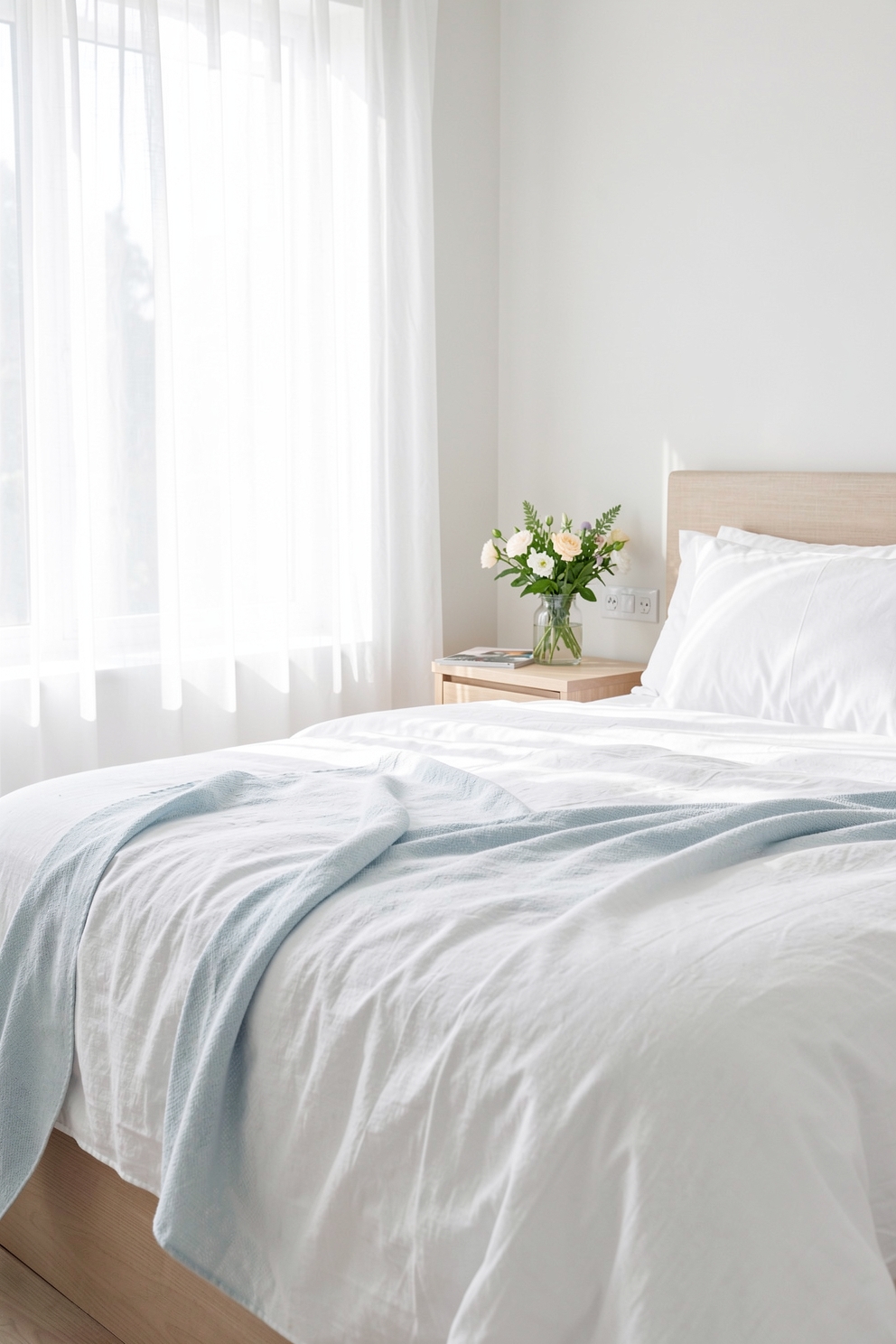 Bright bedroom with light linen bedding and fresh flowers for summer