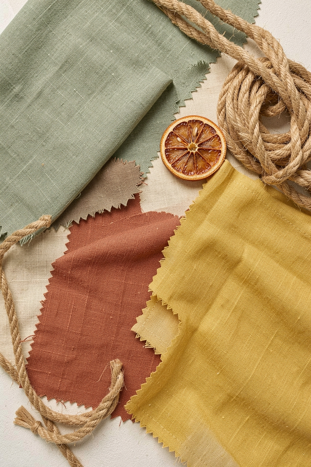 Flat lay of linen and cotton fabric swatches in sage green terracotta and warm yellow