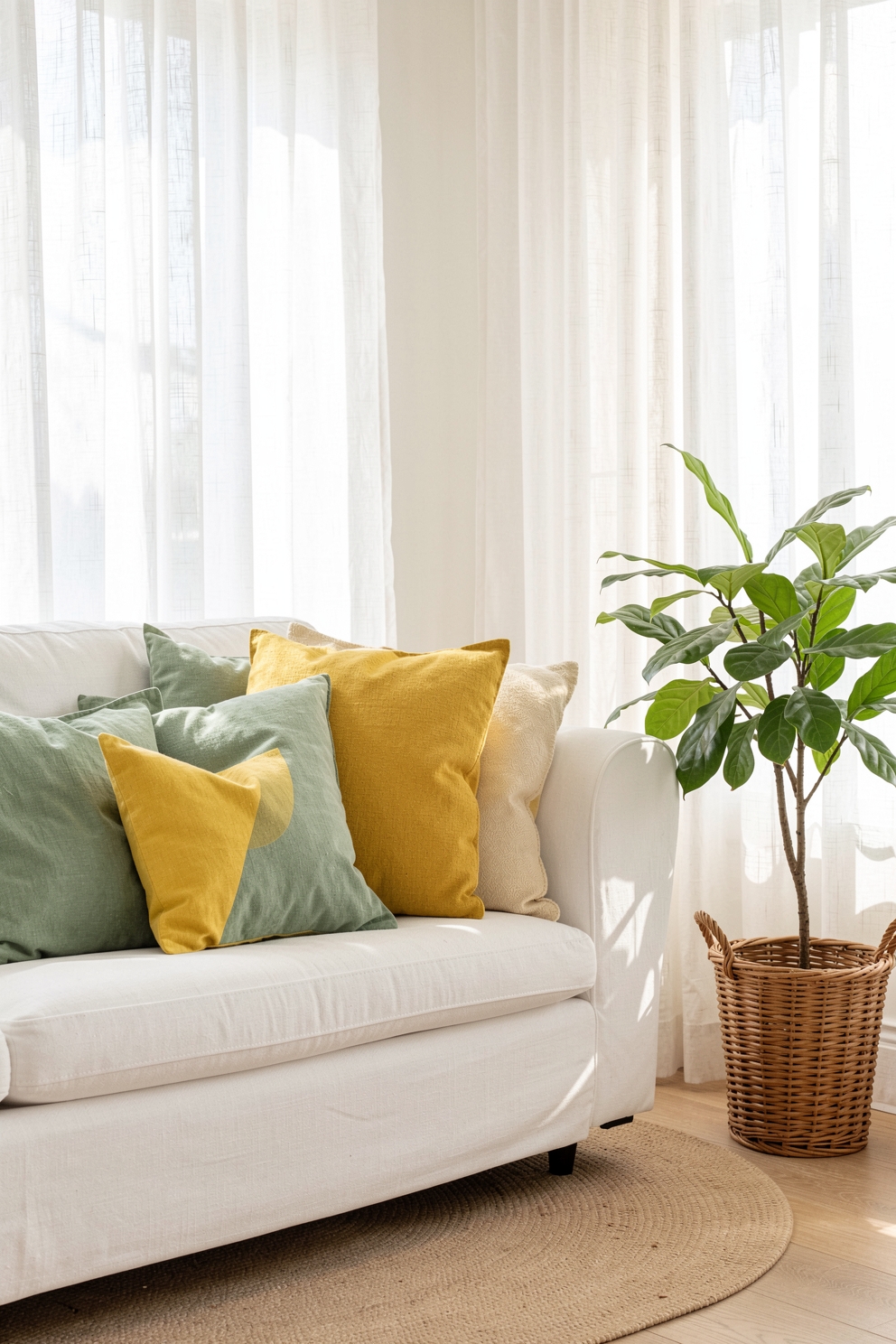 Bright summer living room with sage green pillows and sheer curtains