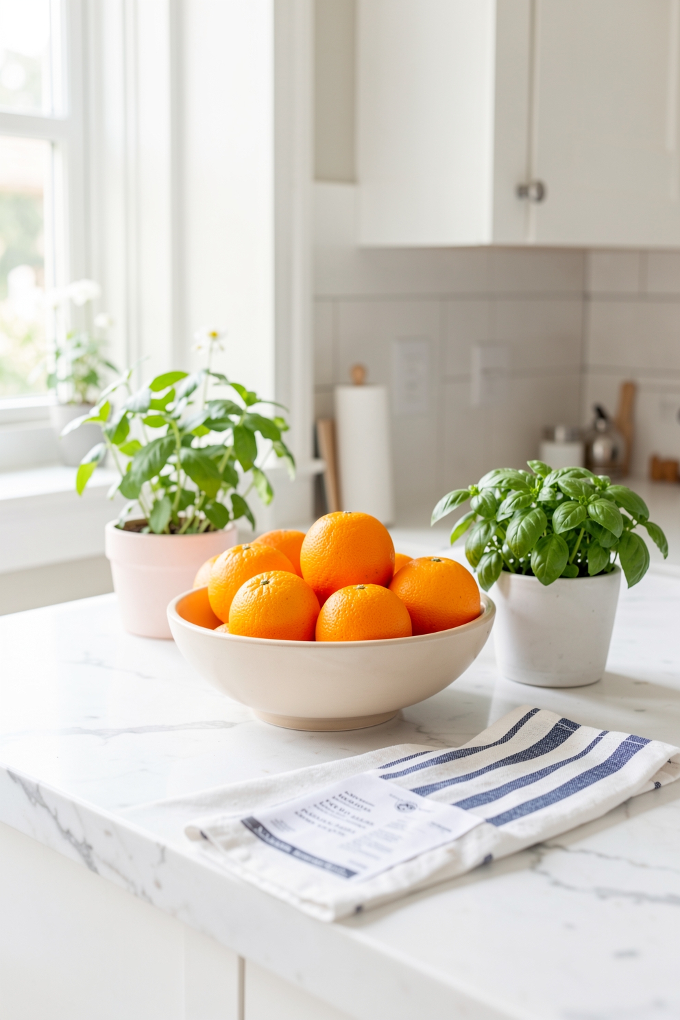Kitchen counter styled with citrus fruit and a striped dish towel for summer