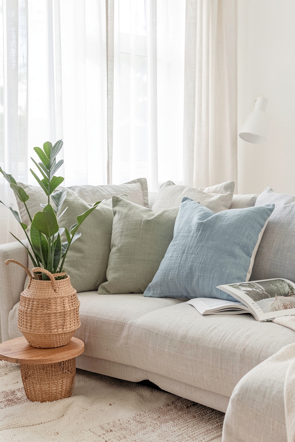 Living room styled with linen pillows and a woven plant basket for summer