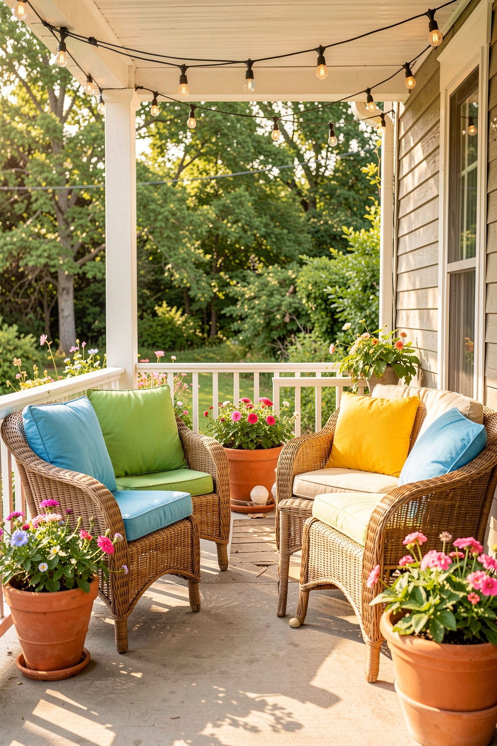 Outdoor porch seating area with bright cushions and string lights for summer