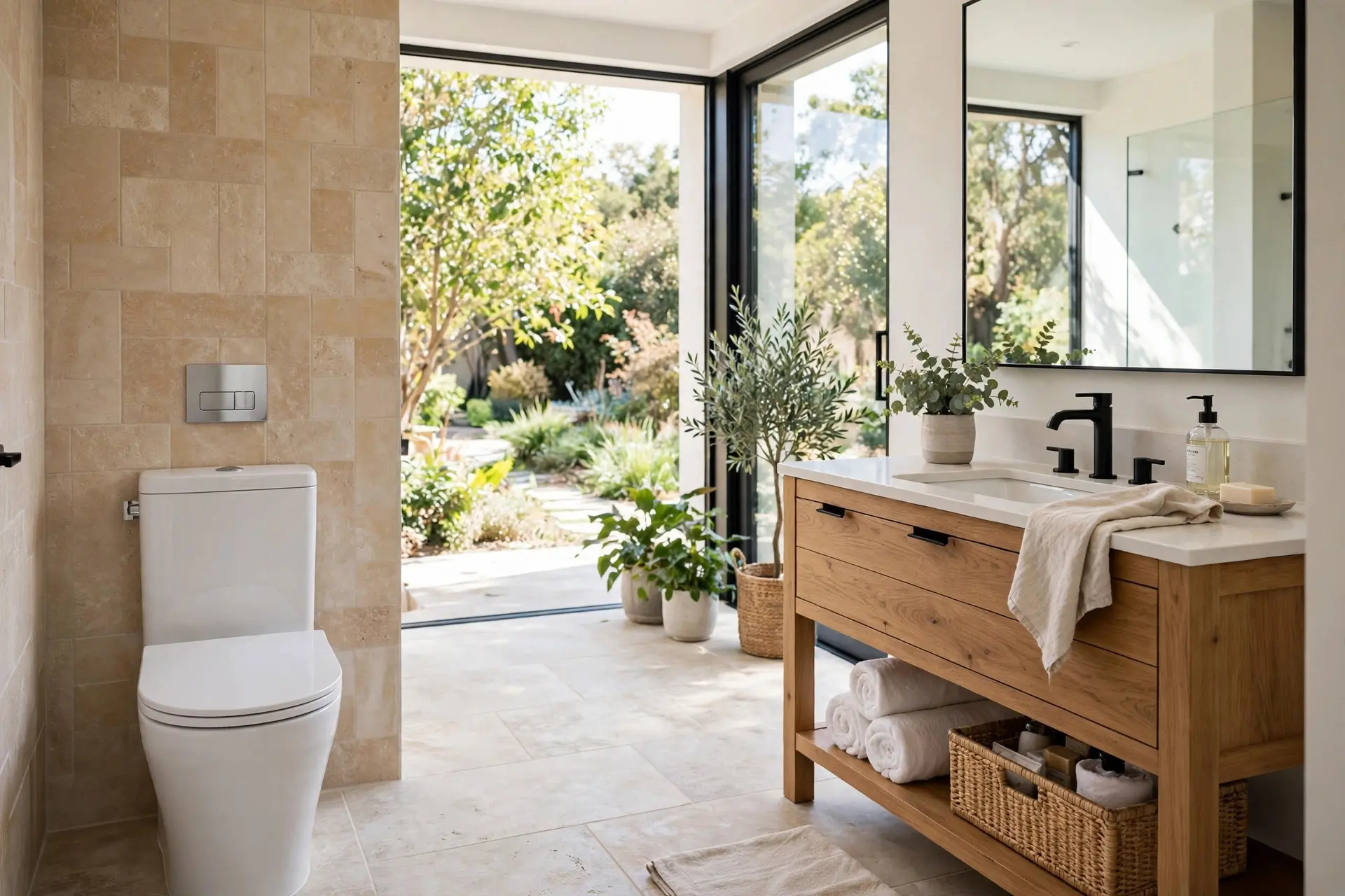 Toilet with comfortable side clearance between the toilet and a wooden vanity, toilet side clearance measurement