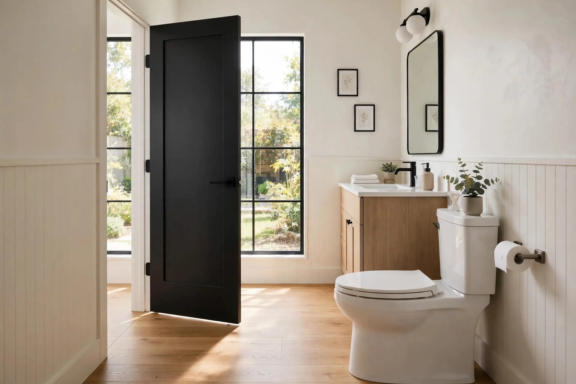 Bathroom door swung open with its swing arc staying clear of the toilet, toilet door clearance