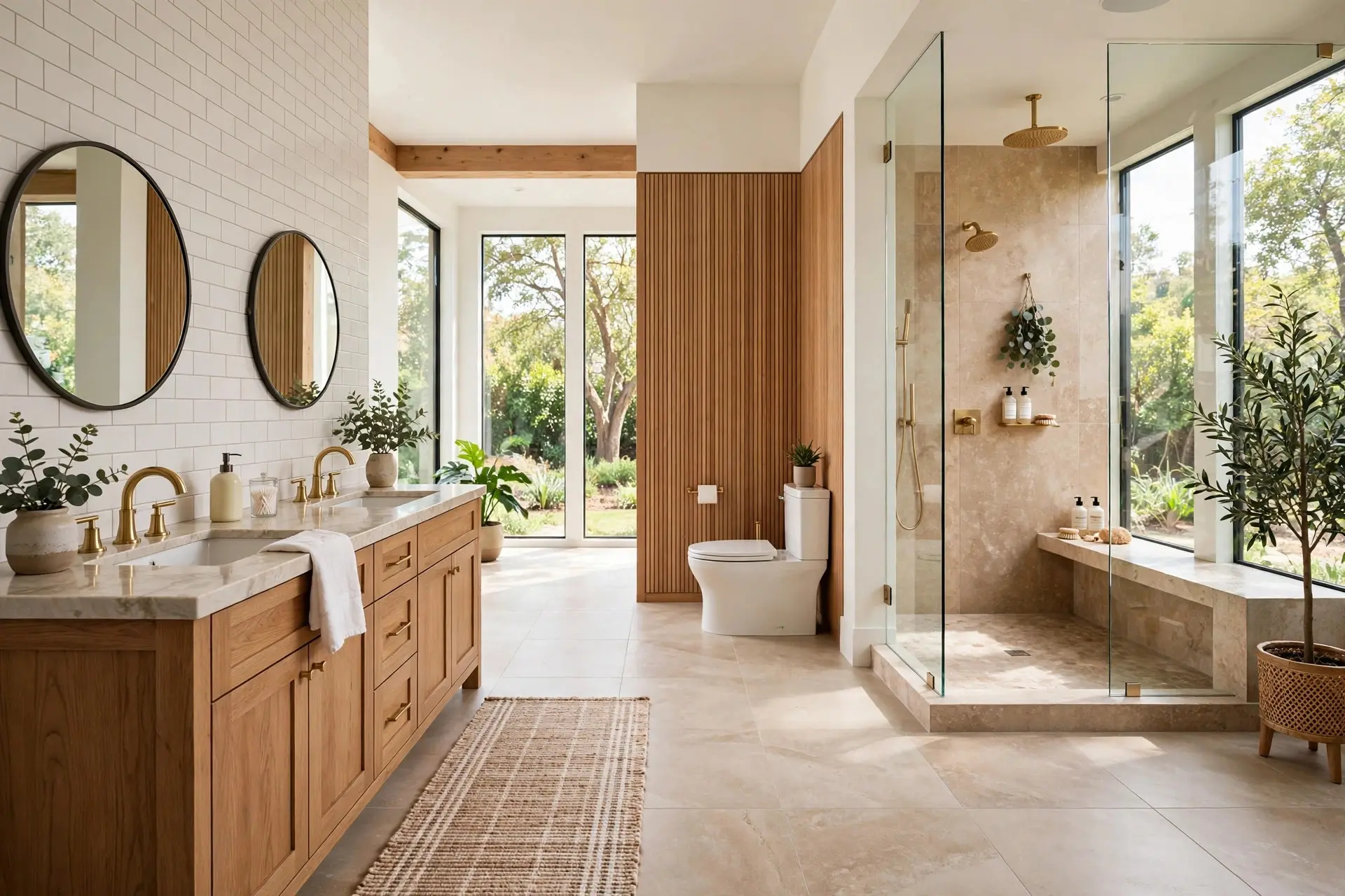 Spacious master bathroom with toilet, double sink vanity and walk-in shower with open floor space, bathroom fixture clearances