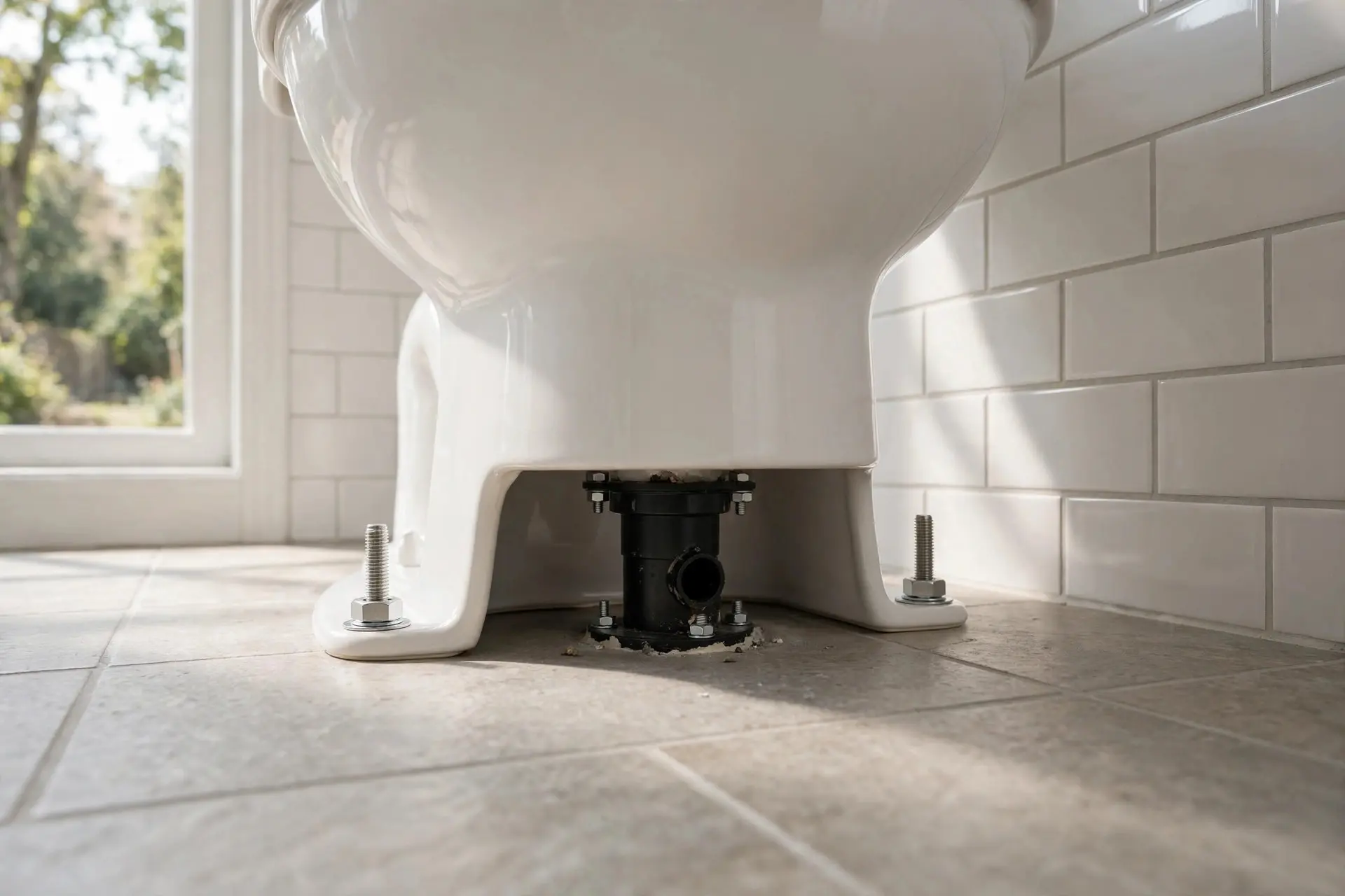 Low view of a toilet base against the wall showing floor mounting bolts, toilet rough-in measurement