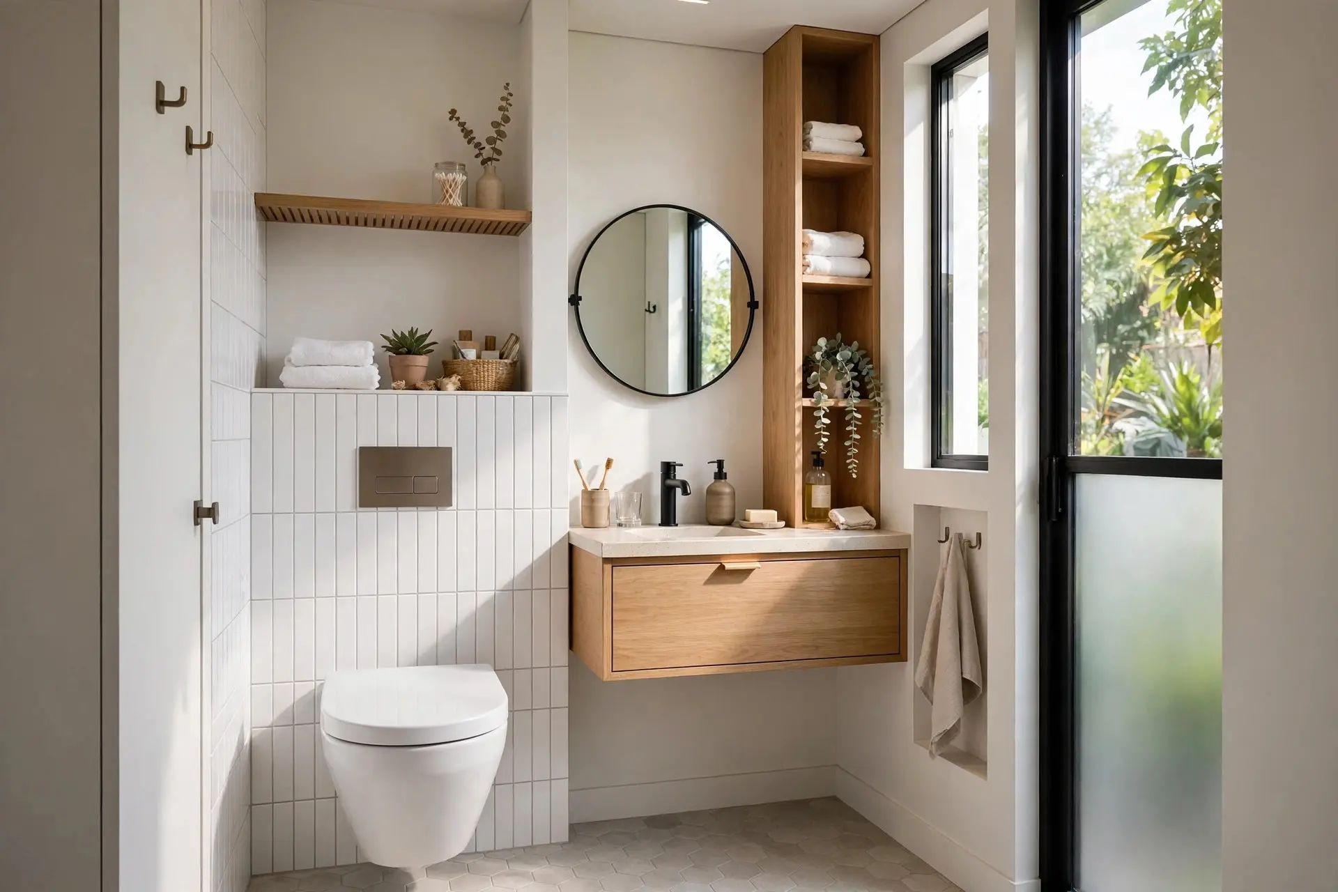 Small bathroom with a wall-hung toilet and compact floating vanity, planning a small bathroom layout