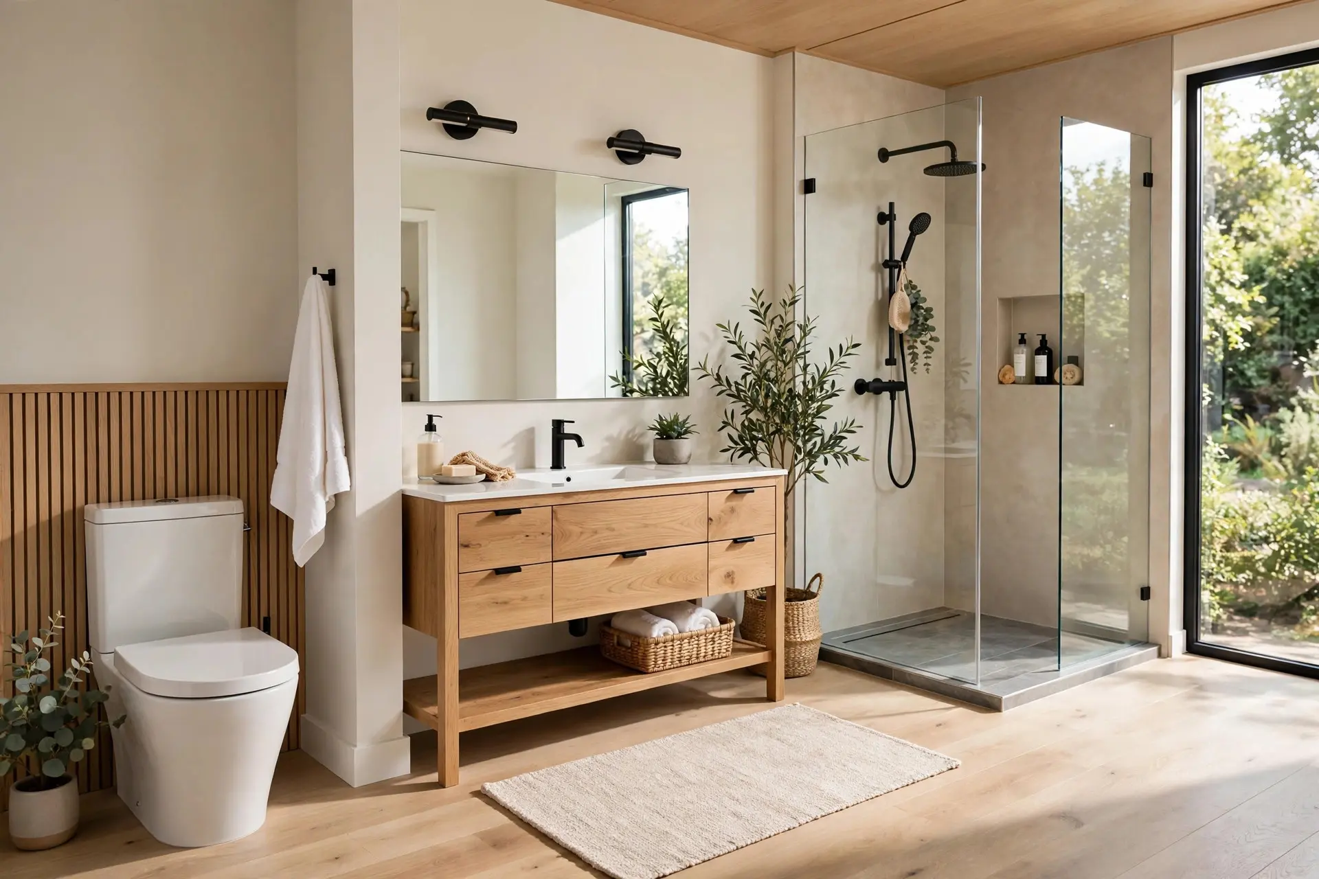 Well-designed modern bathroom with toilet, vanity and shower arranged with comfortable clearances