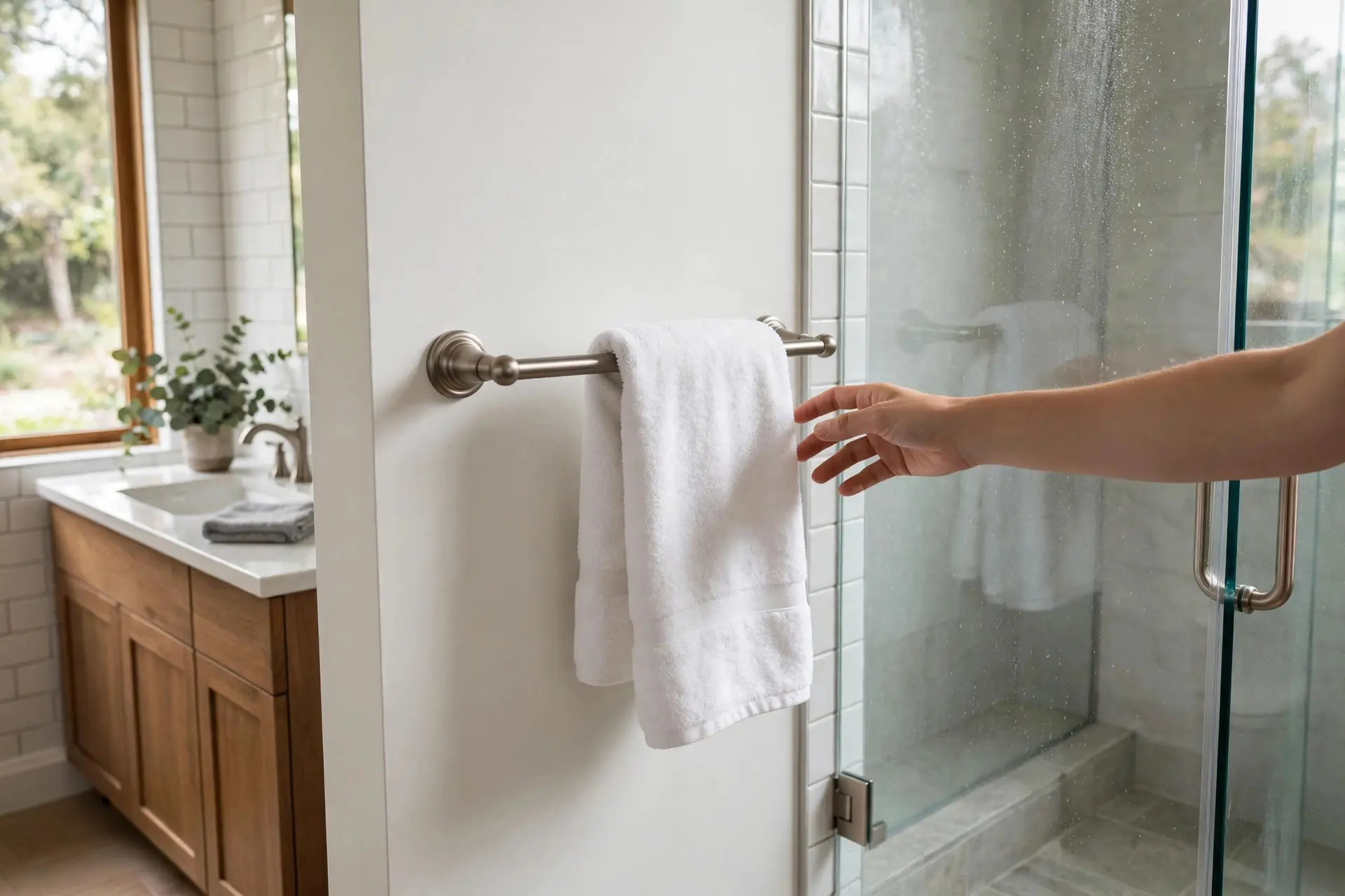 Towel Bar Height: Where Every Piece of Bathroom Hardware Goes 1 Towel bar beside a glass shower door at towel bar height, within reach for the wet person