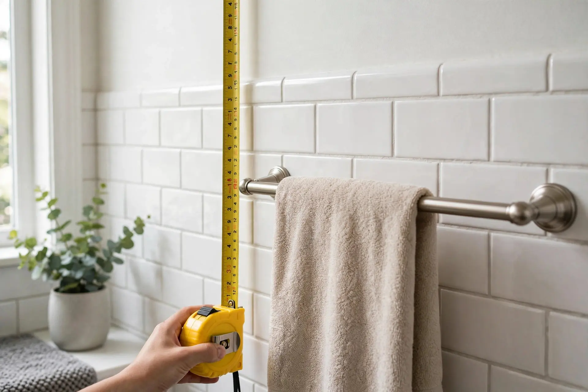 Towel Bar Height: Where Every Piece of Bathroom Hardware Goes 2 Tape measure against a bathroom wall showing the standard towel bar height measurement