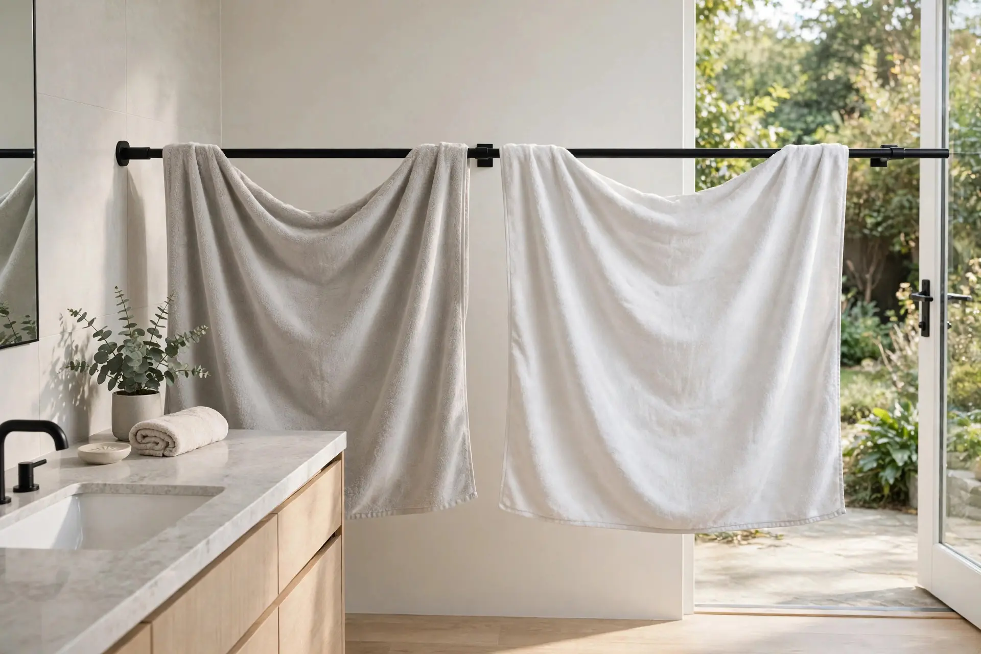 Towel Bar Height: Where Every Piece of Bathroom Hardware Goes 3 Long towel bar with two bath towels spread wide to dry, showing how towel bar height and bar length work together