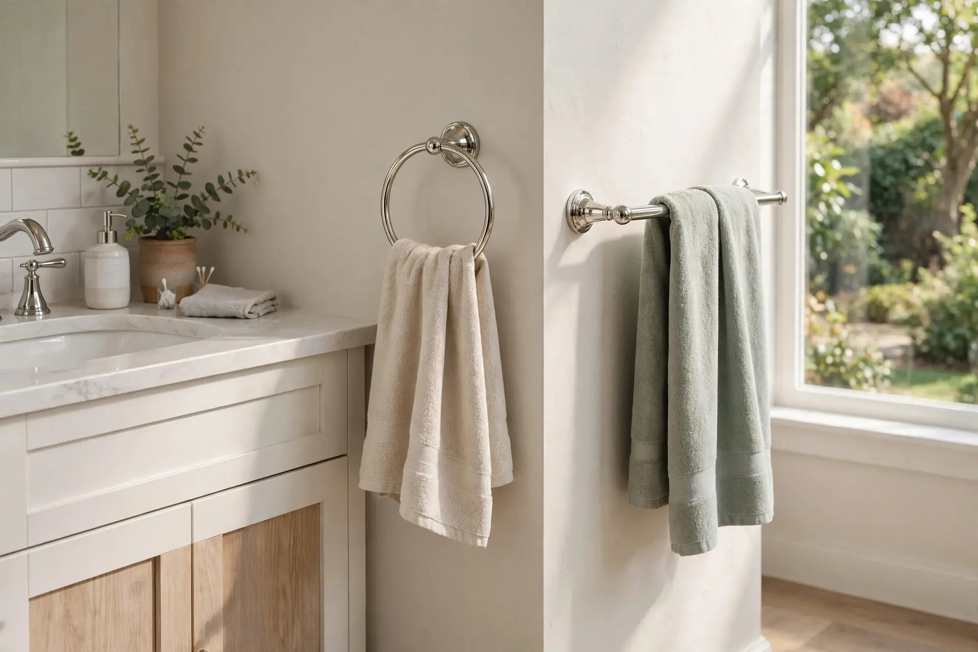 Towel Bar Height: Where Every Piece of Bathroom Hardware Goes 4 Chrome towel ring beside a sink vanity at standard towel bar height hardware placement