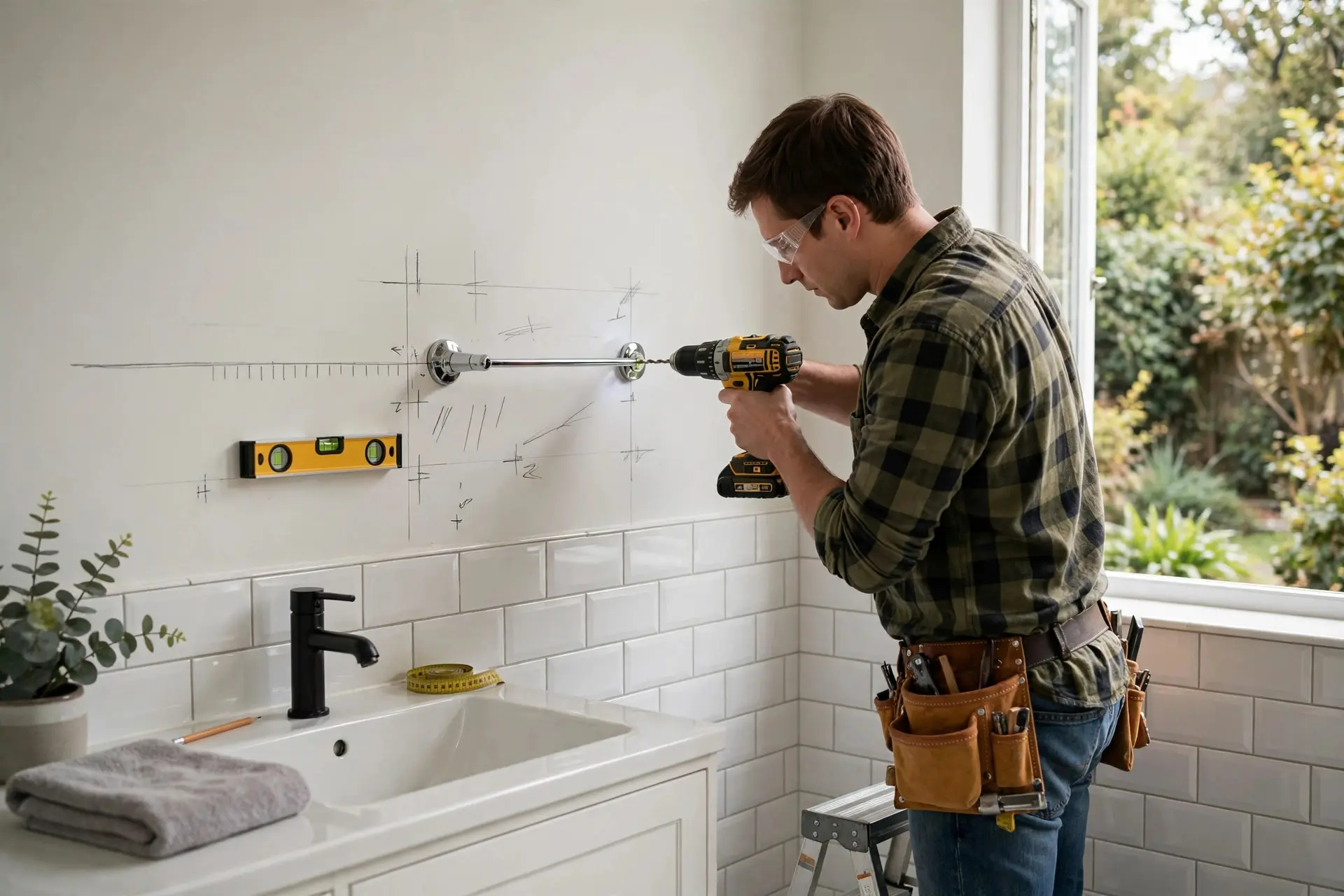 Towel Bar Height: Where Every Piece of Bathroom Hardware Goes 9 Installing a towel bar with a drill and level marks to get the towel bar height right