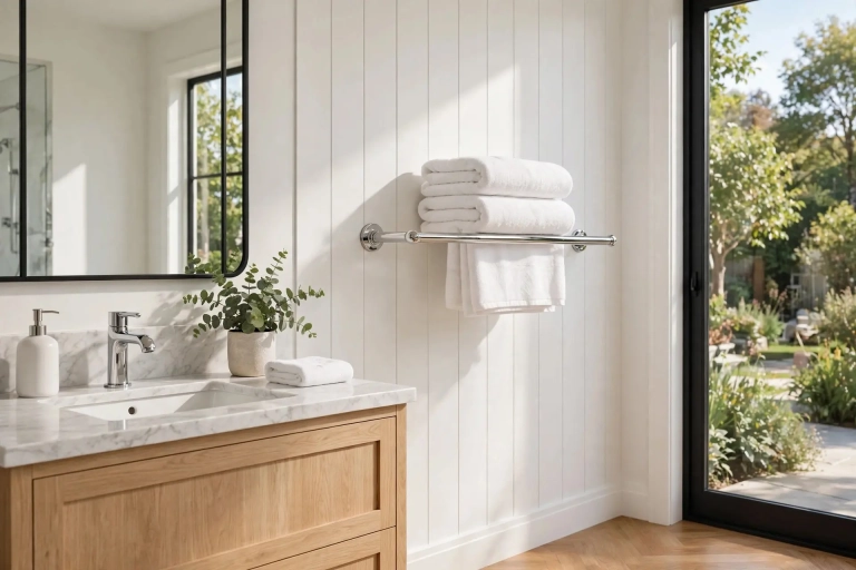 Modern bathroom with chrome towel bar at proper towel bar height holding folded white towels