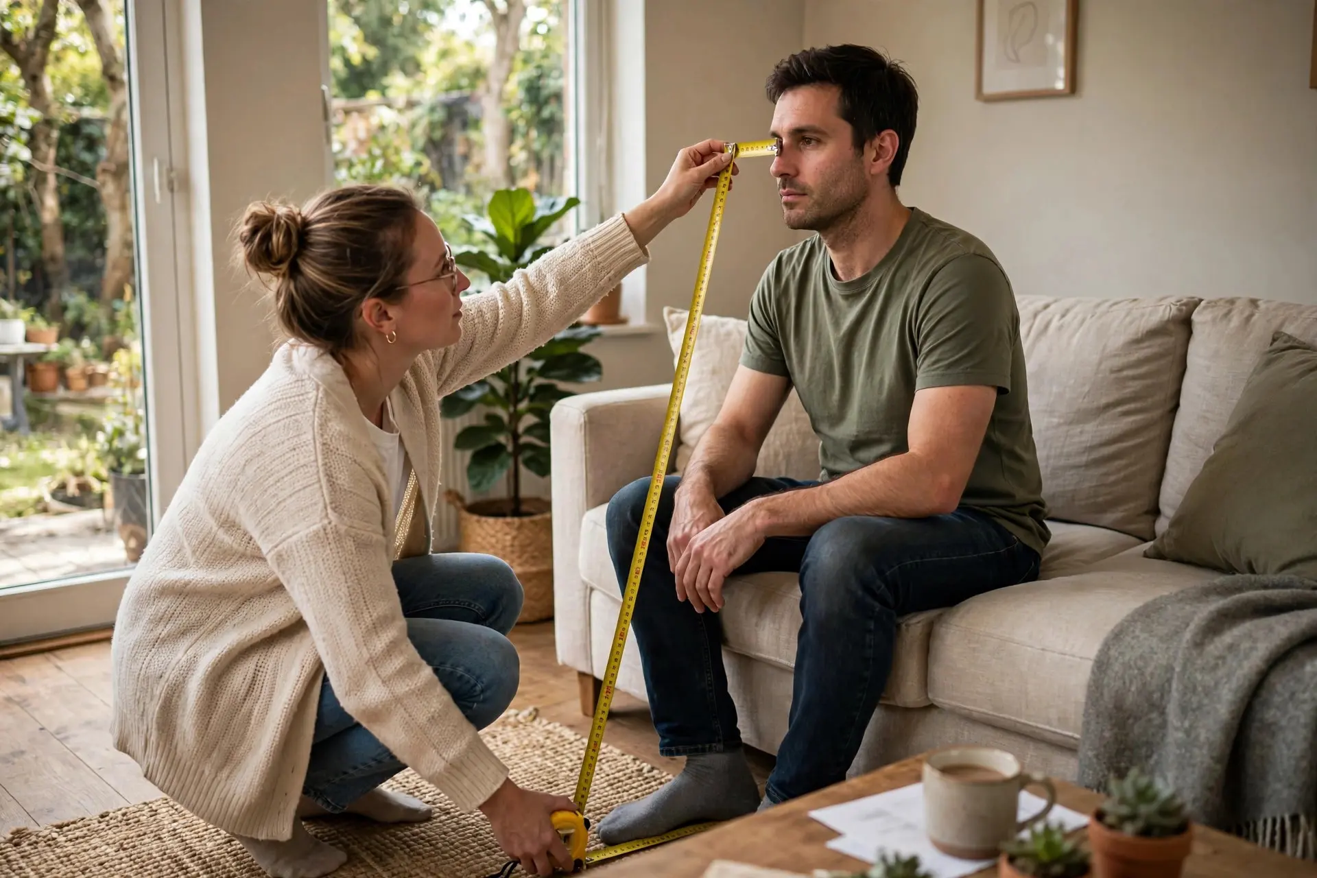 Measuring seated eye height on a sofa with a tape measure to set TV mounting height