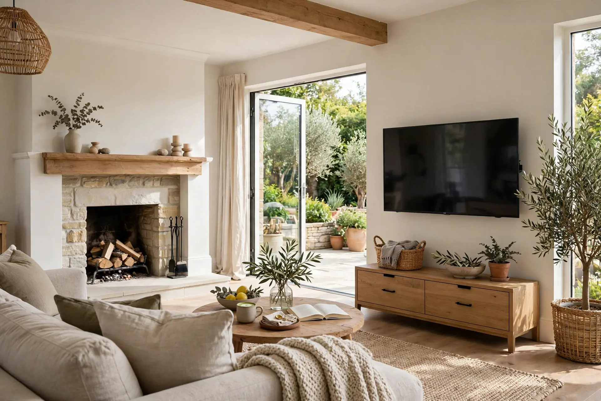 Living room with the TV mounted on the side wall at eye level instead of above the fireplace