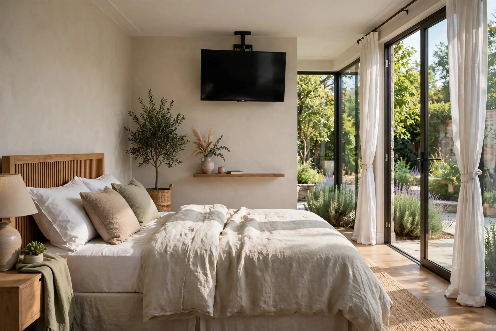 Bedroom TV mounted higher on the wall for watching from bed, a different TV mounting height rule