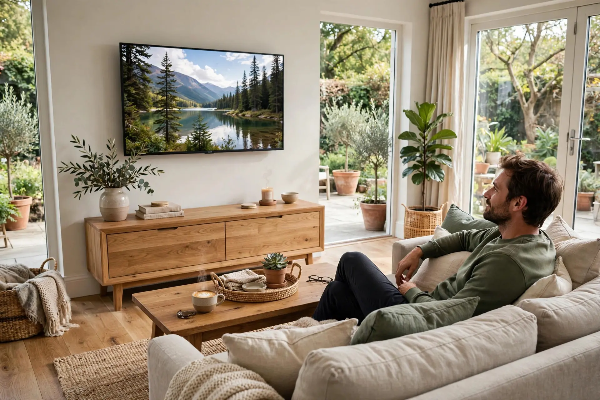 Perfect living room setup with a TV at ideal seated eye height, comfortable TV mounting height