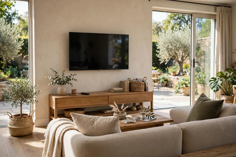 Living room with a TV mounted at comfortable seated eye level above a media console, correct TV mounting height