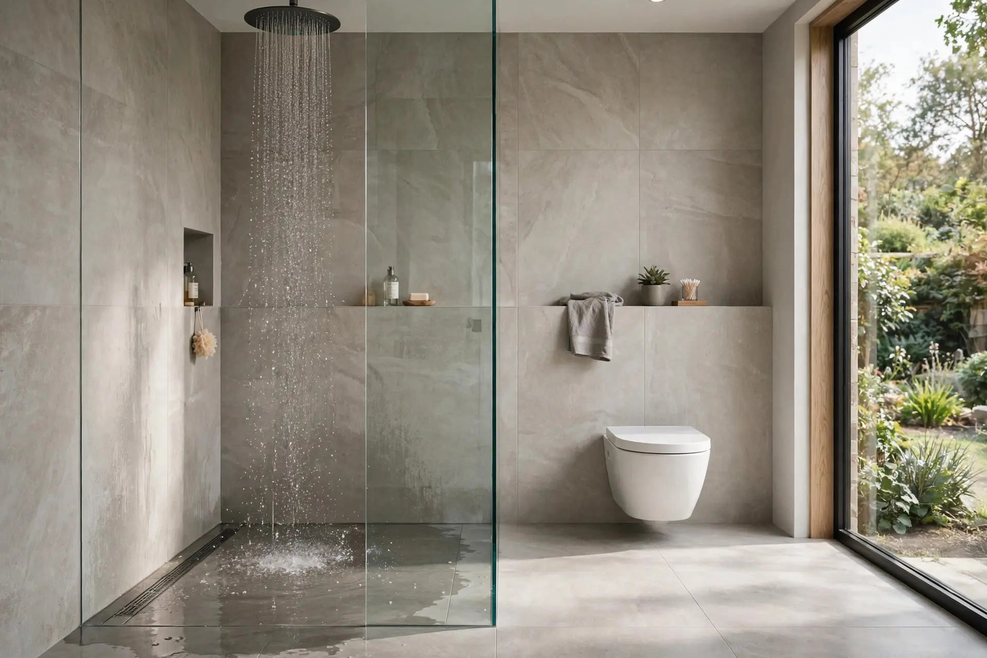Single fixed glass shower panel containing spray in an open wet room