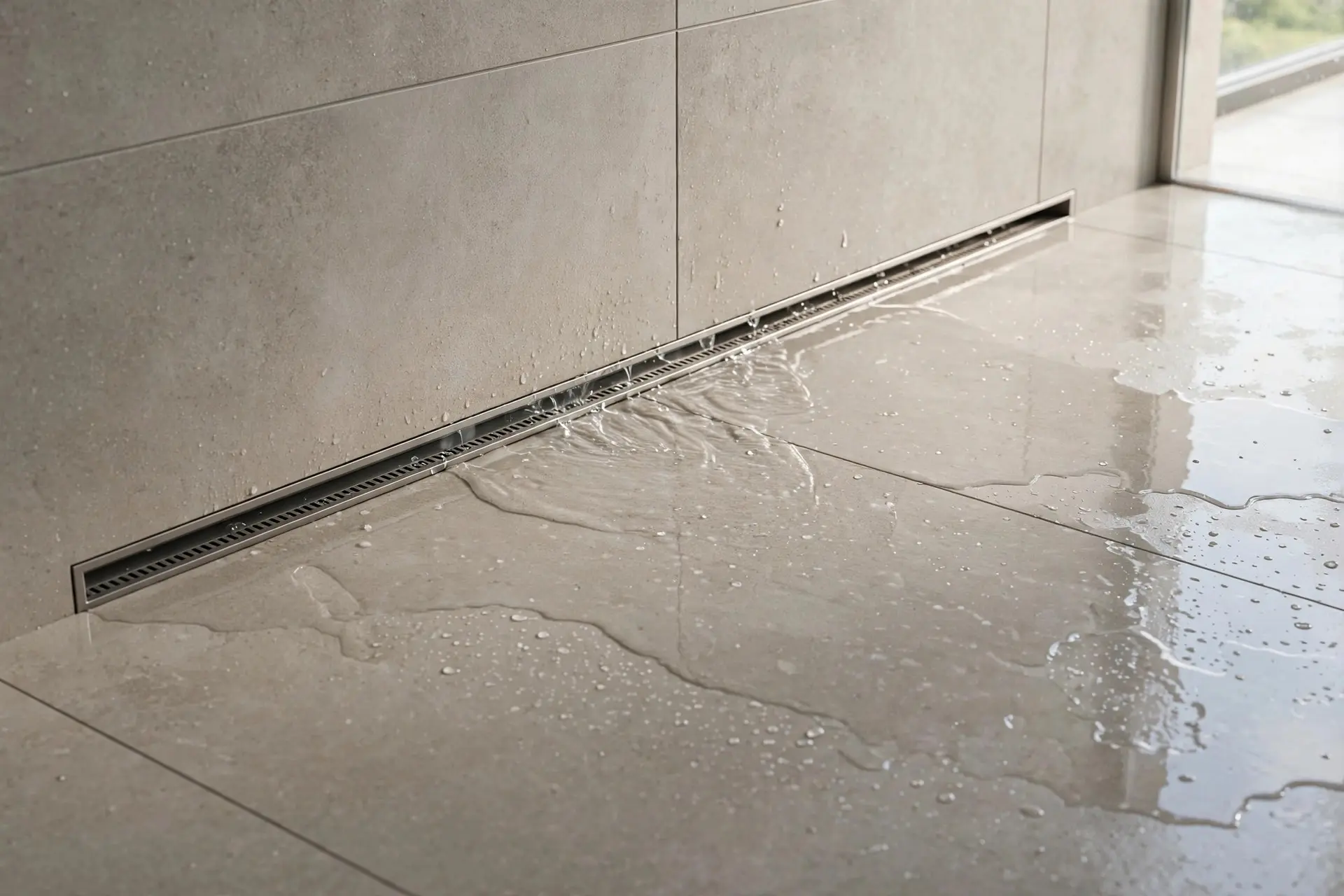 Slim linear slot drain set against the wall in a wet room shower floor