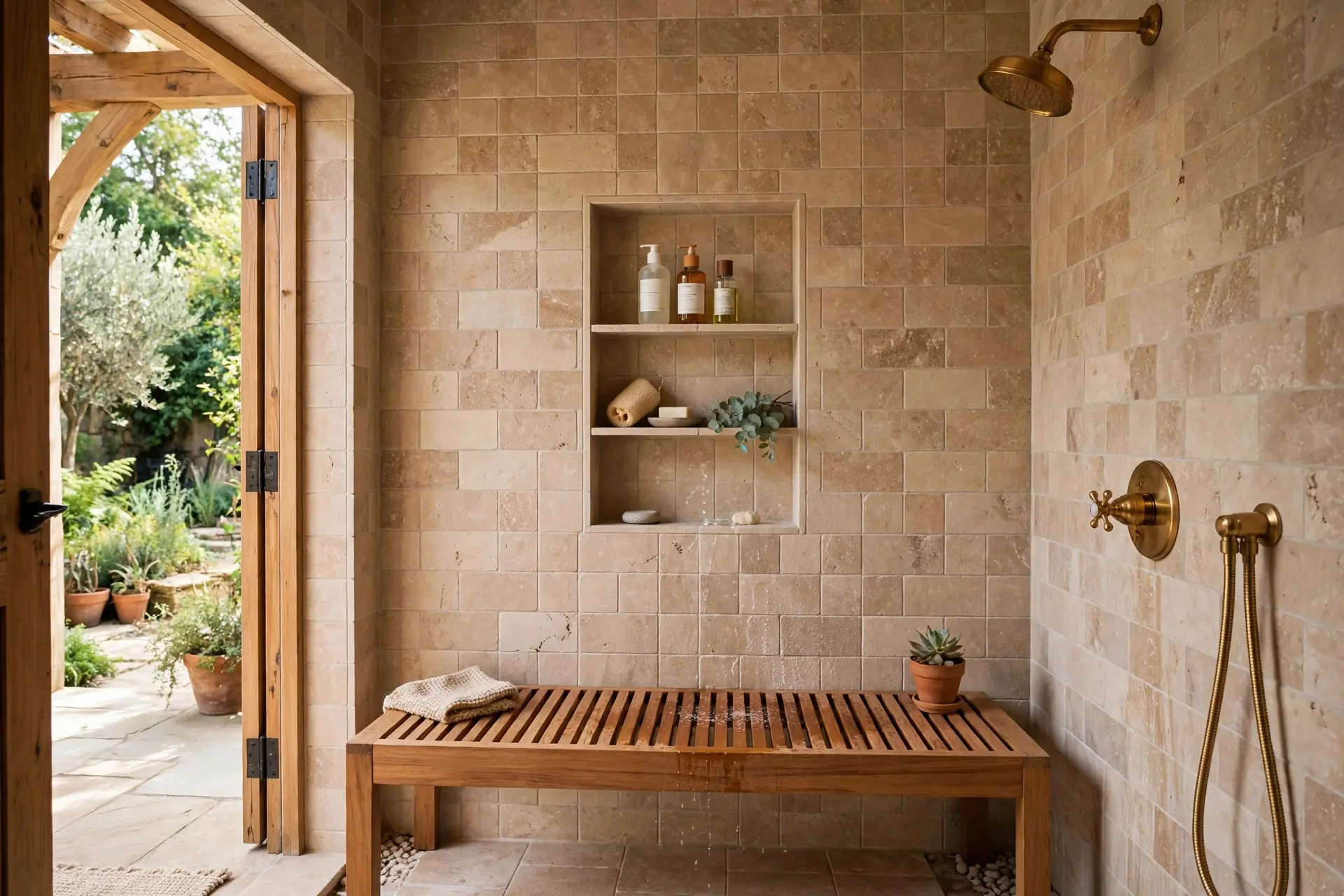 Tiled shower niche and teak bench adding warm materials to a wet room